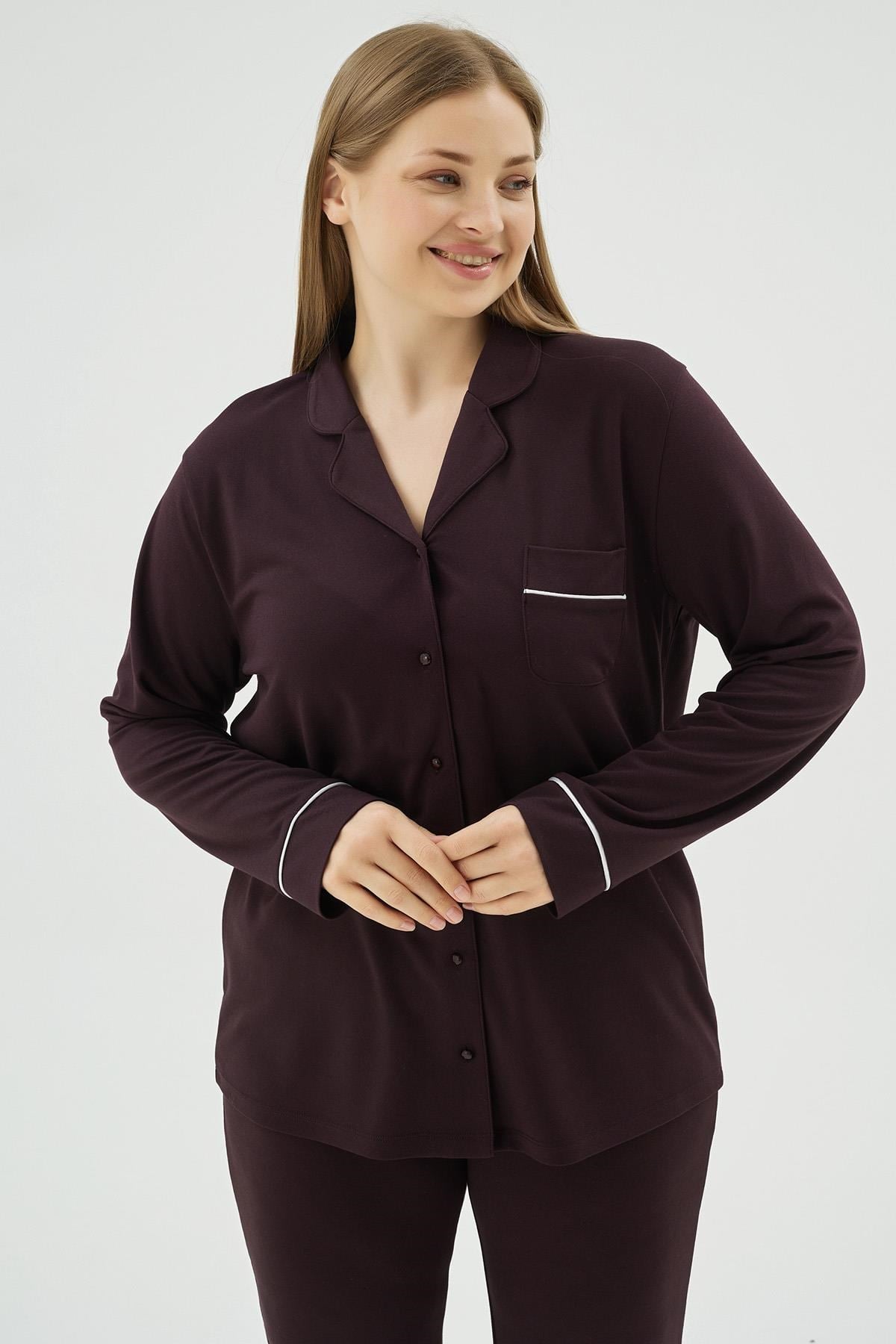 329048Kadın Büyük Beden Koyu Mor Düğmeli Uzun Kollu Gömlek Yaka Pijama Takımı C4T3N171Büyük BedenSevimKadın Büyük Beden Koyu Mor Düğmeli Uzun Kollu Gömlek Yaka Pijama Takımı C4T3N171