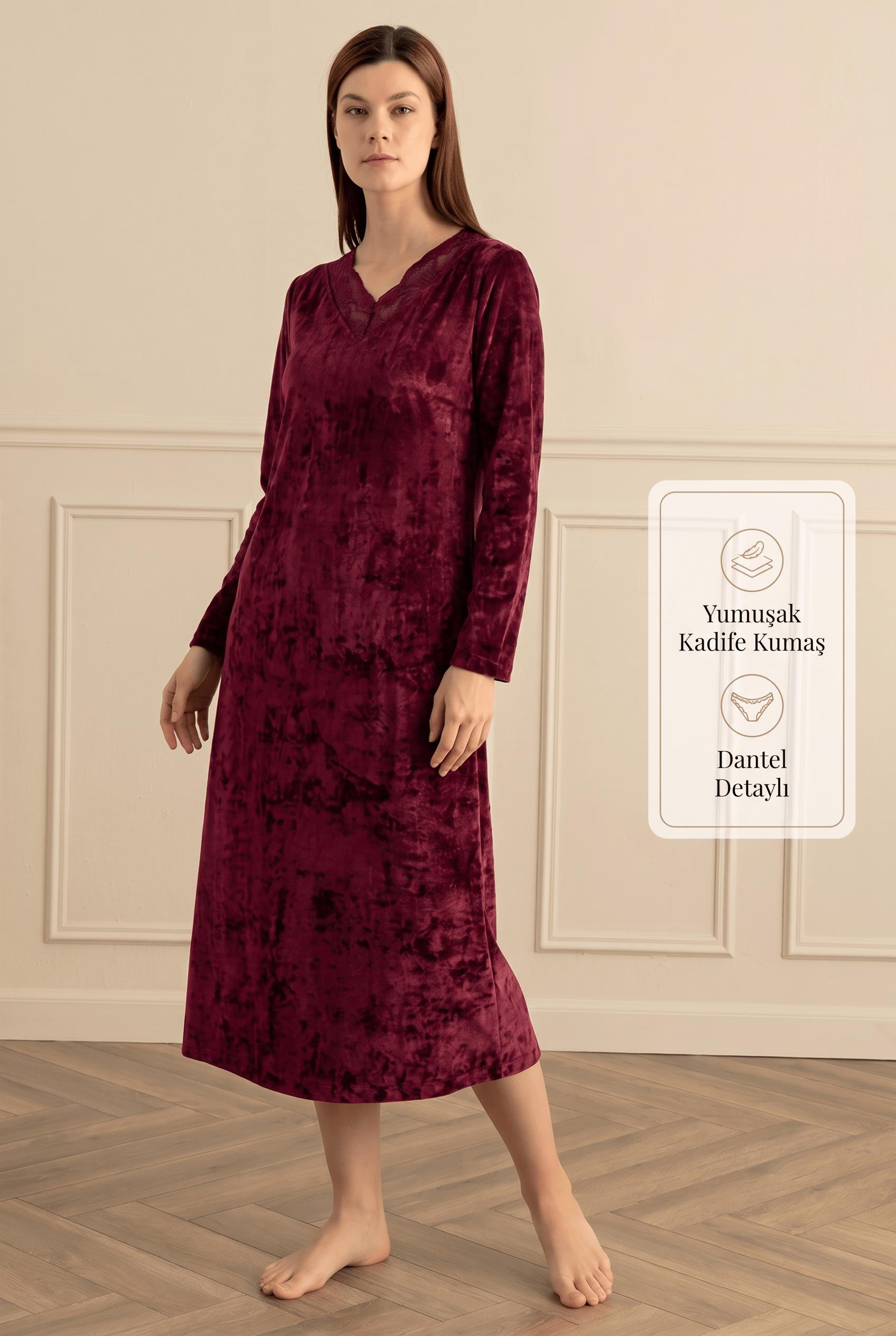 333820Kadın Uzun Kol Kadife Dantelli V Yaka Bordo Uzun Elbise C3T2N081Tunik & ElbiseSevimKadın Uzun Kol Kadife Dantelli V Yaka Bordo Uzun Elbise C3T2N081