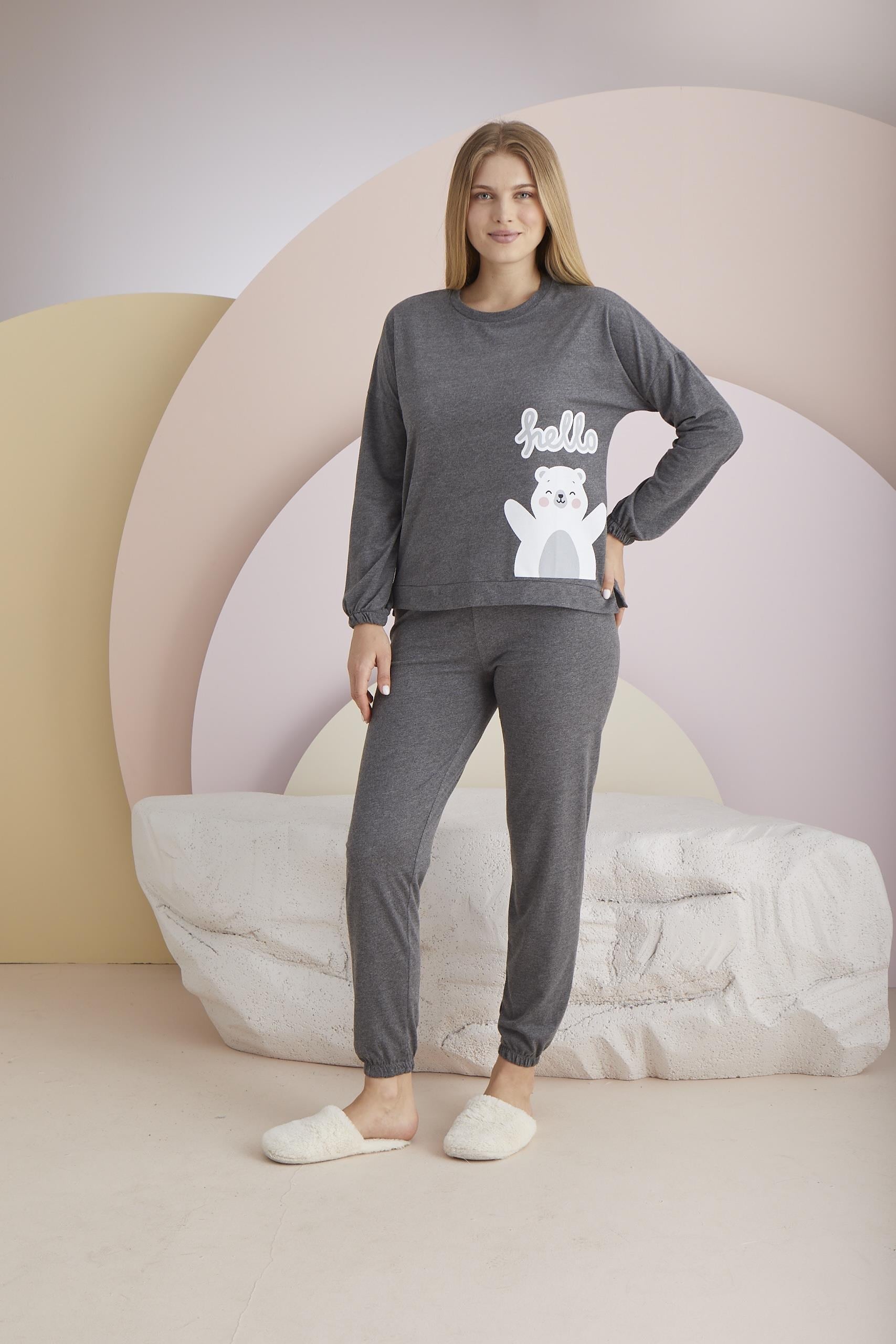 329252Kadın Antrasit Renk Uzun Kollu Ayıcık Desenli Lastikli Paça Pijama Takımı C4T8N331Uzun Kol PijamaSevimKadın Antrasit Renk Uzun Kollu Ayıcık Desenli Lastikli Paça Pijama Takımı C4T8N331