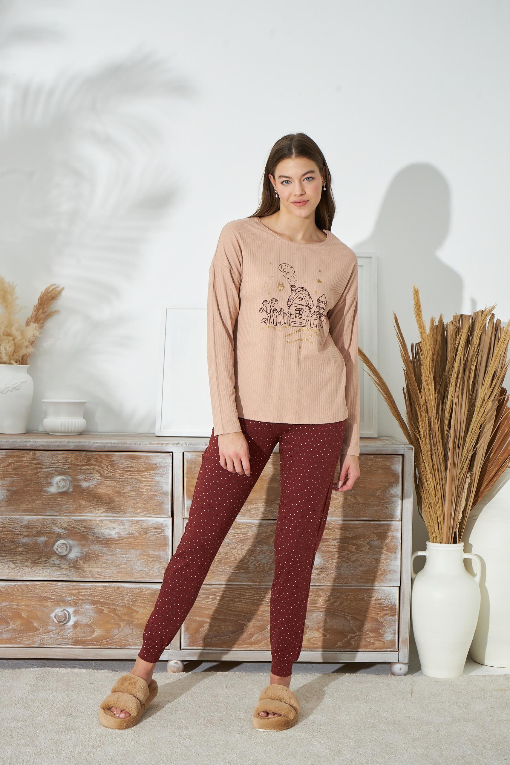 329263Kadın Bej Renk Uzun Kollu Bisiklet Yaka Puantiyeli Alt Pijama Takımı C2T3N351Uzun Kol PijamaSevimKadın Bej Renk Uzun Kollu Bisiklet Yaka Puantiyeli Alt Pijama Takımı C2T3N351