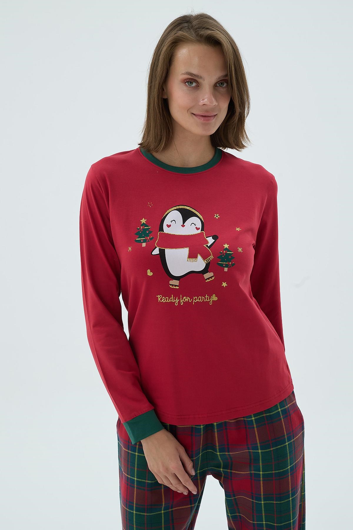 328659Kadın Kırmızı Uzun Kollu Penguen Baskılı Kareli Pijama Takımı C6T4N371Uzun Kol PijamaSevimKadın Kırmızı Uzun Kollu Penguen Baskılı Kareli Pijama Takımı C6T4N371
