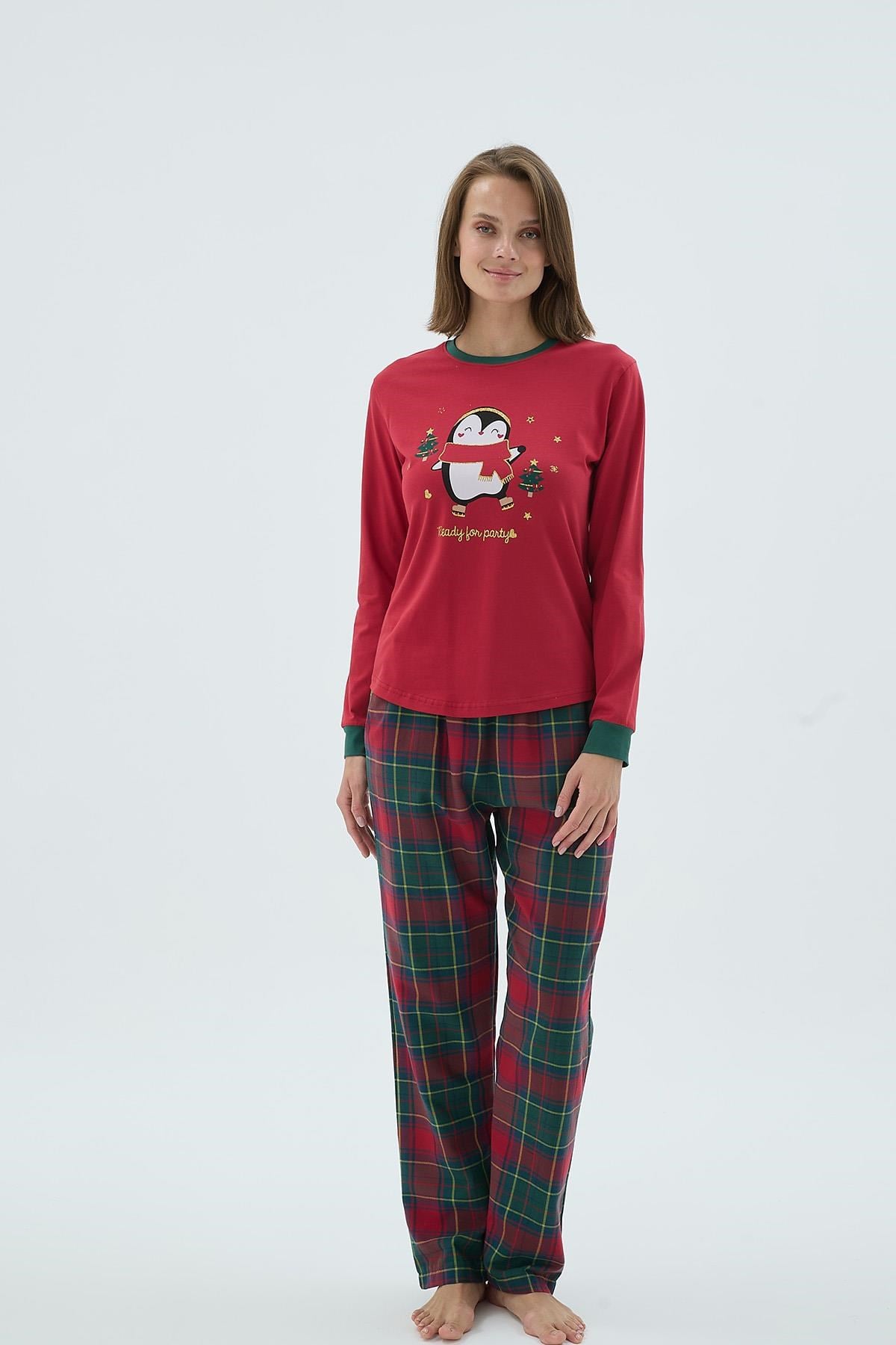 328659Kadın Kırmızı Uzun Kollu Penguen Baskılı Kareli Pijama Takımı C6T4N371Uzun Kol PijamaSevimKadın Kırmızı Uzun Kollu Penguen Baskılı Kareli Pijama Takımı C6T4N371