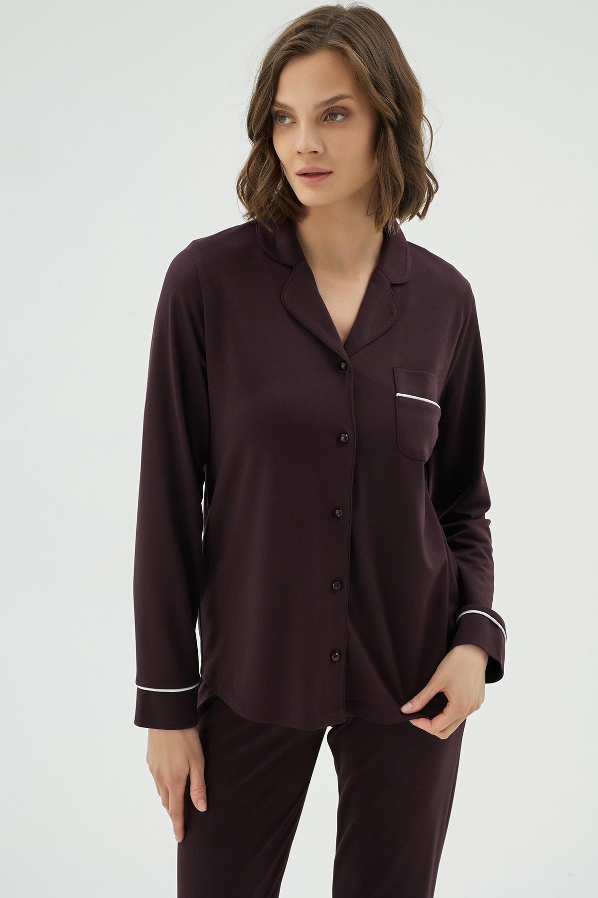 329026Kadın Koyu Mor Renk Uzun Kollu Gömlek Yaka Düğmeli Pijama Takımı C3T3N171Uzun Kol PijamaSevimKadın Koyu Mor Renk Uzun Kollu Gömlek Yaka Düğmeli Pijama Takımı C3T3N171