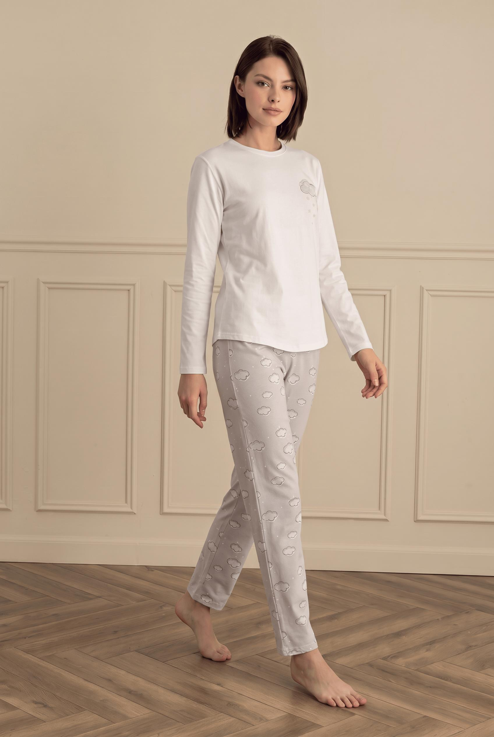 333843Kadın Uzun Kol Bulut Desenli Ekru Pijama Takımı C7T5N281Uzun Kol PijamaSevimKadın Uzun Kol Bulut Desenli Ekru Pijama Takımı C7T5N281
