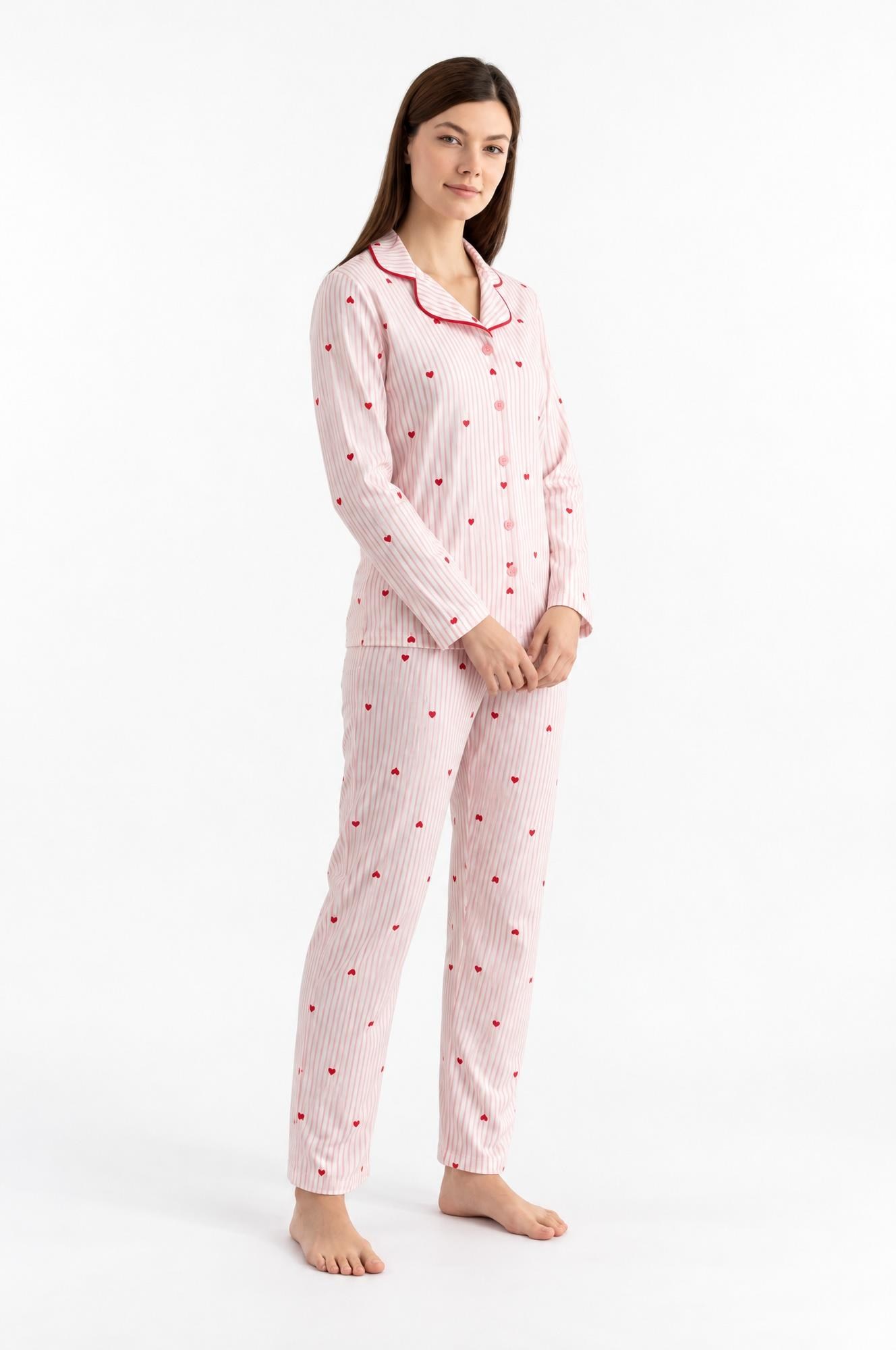 334293Kadın Uzun Kol Önden Düğmeli Kalpli Pembe Pijama Takımı C6T1N081Uzun Kol PijamaSevimKadın Uzun Kol Önden Düğmeli Kalpli Pembe Pijama Takımı C6T1N081