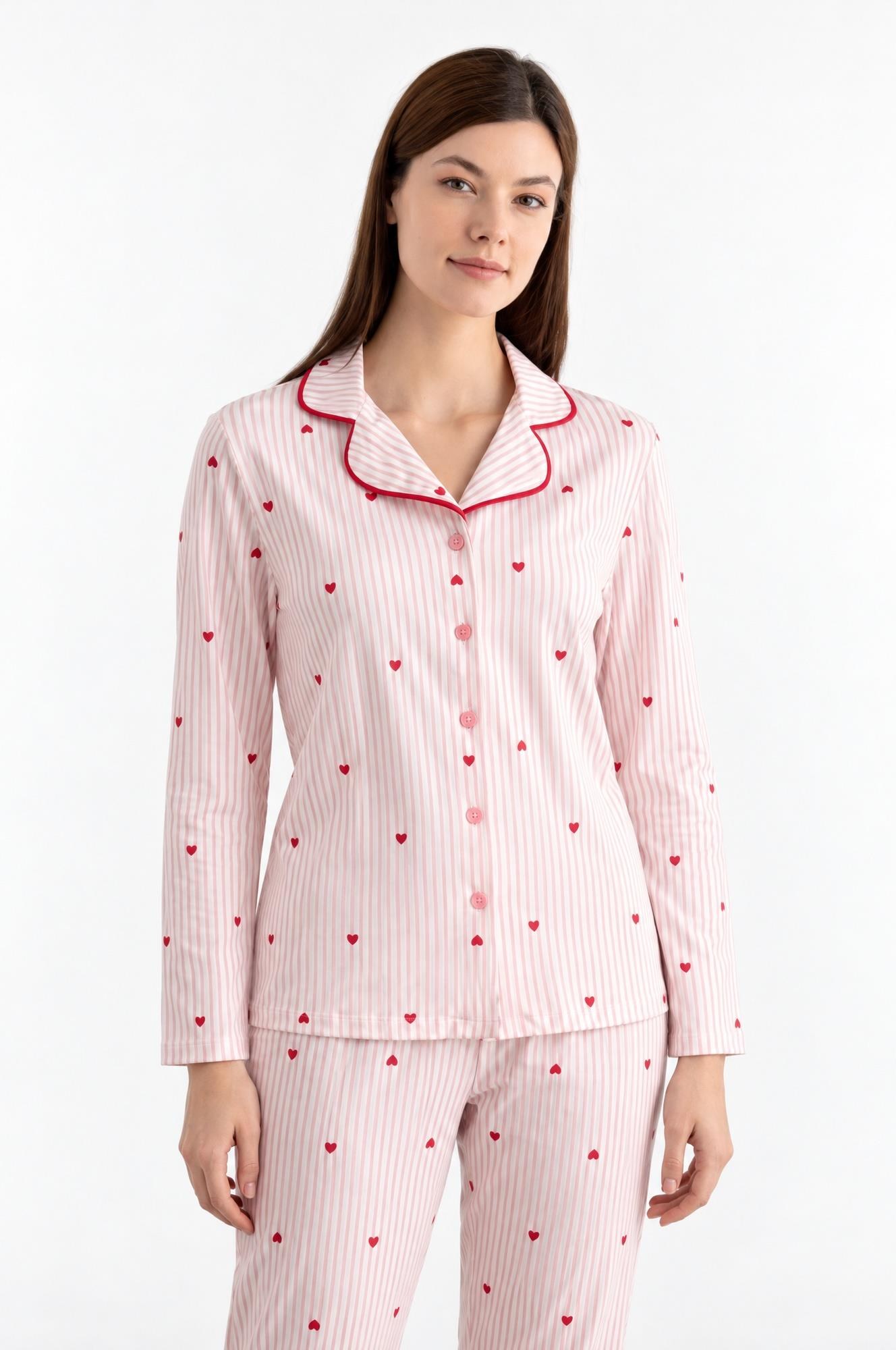 334293Kadın Uzun Kol Önden Düğmeli Kalpli Pembe Pijama Takımı C6T1N081Uzun Kol PijamaSevimKadın Uzun Kol Önden Düğmeli Kalpli Pembe Pijama Takımı C6T1N081