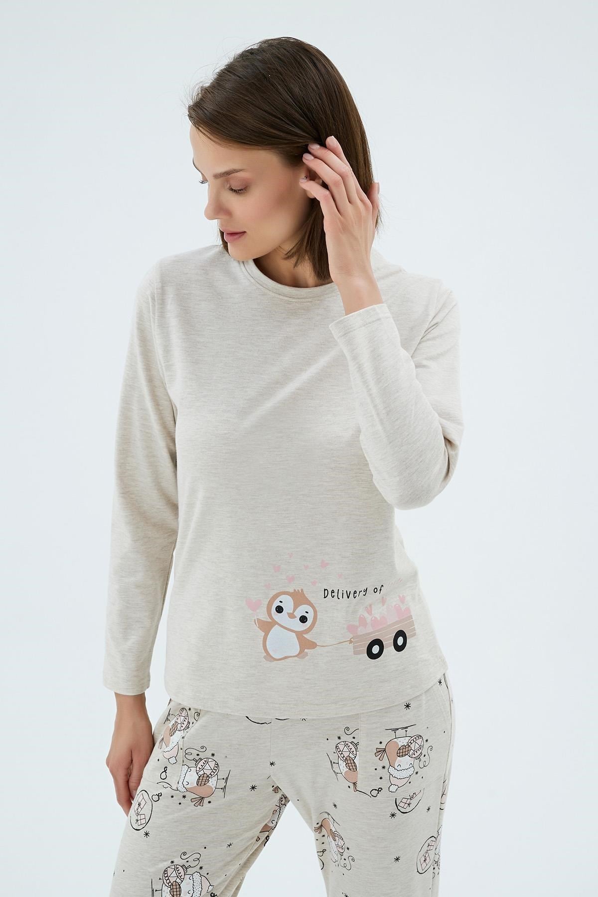 328636Kadın Uzun Kollu Baskılı Jogger Paça Bej Pijama Takımı C5T4N171Uzun Kol PijamaSevimKadın Uzun Kollu Baskılı Jogger Paça Bej Pijama Takımı C5T4N171