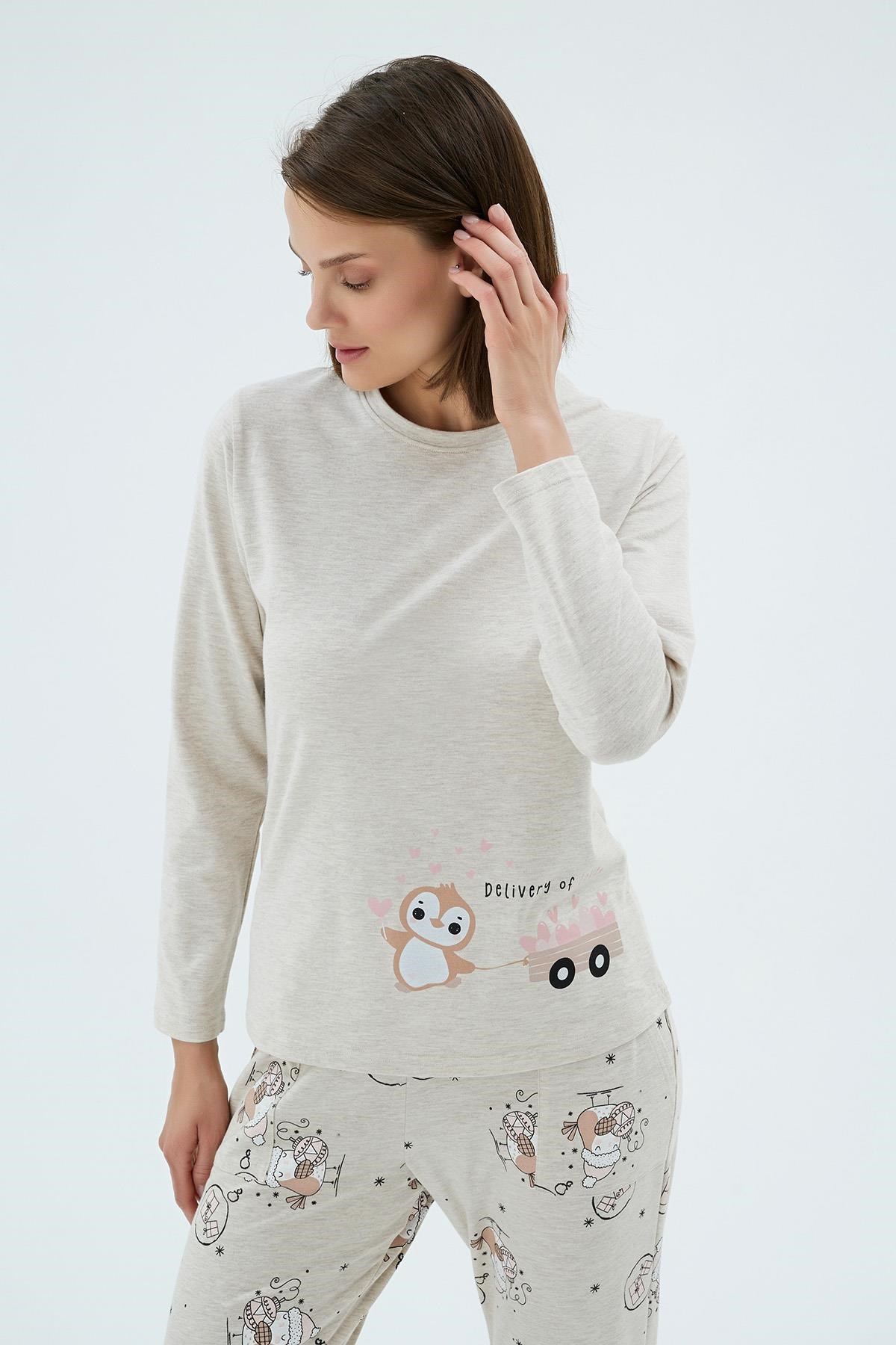 328636Kadın Uzun Kollu Baskılı Jogger Paça Bej Pijama Takımı C5T4N171Uzun Kol PijamaSevimKadın Uzun Kollu Baskılı Jogger Paça Bej Pijama Takımı C5T4N171
