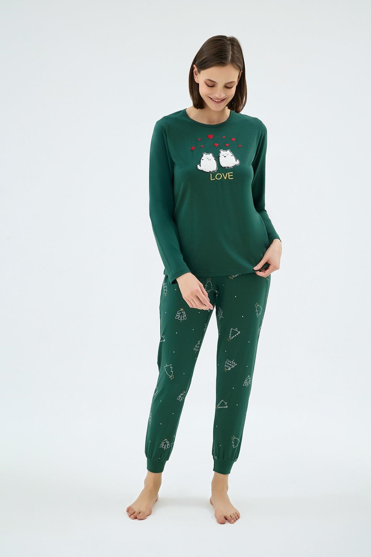 328625Kadın Uzun Kollu Baskılı Üst Jogger Paça Yeşil Pijama Takımı C9T7N071Uzun Kol PijamaSevimKadın Uzun Kollu Baskılı Üst Jogger Paça Yeşil Pijama Takımı C9T7N071