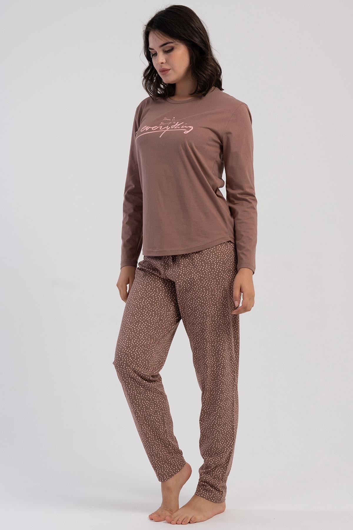 329523Kadın Büyük Beden Kahverengi Uzun Kollu Puantiyeli Alt Pijama Takımı C7T5N3305Büyük BedenVienettaKadın Büyük Beden Kahverengi Uzun Kollu Puantiyeli Alt Pijama Takımı C7T5N3305