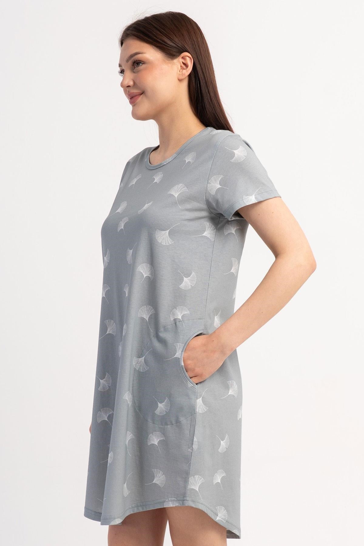 333045Kadın Kısa Kollu Gri Desenli Gecelik Tunik C4T5N0106Kısa GecelikVienettaKadın Kısa Kollu Gri Desenli Gecelik Tunik C4T5N0106