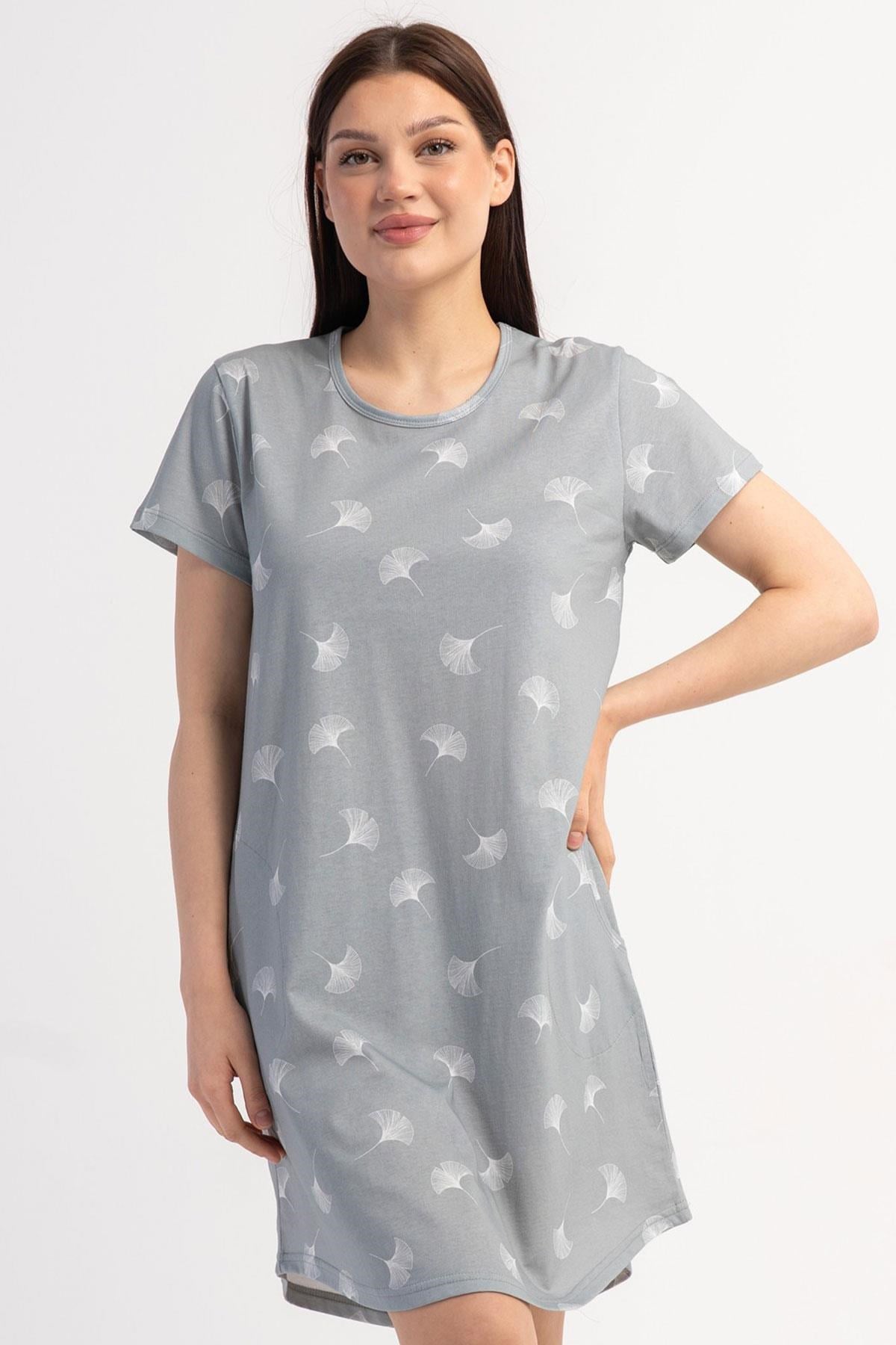 333045Kadın Kısa Kollu Gri Desenli Gecelik Tunik C4T5N0106Kısa GecelikVienettaKadın Kısa Kollu Gri Desenli Gecelik Tunik C4T5N0106