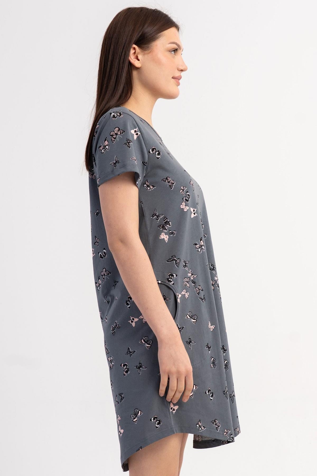 333051Kadın Kısa Kollu Kelebek Desenli Füme Gecelik Tunik C3T9N0206Kısa GecelikVienettaKadın Kısa Kollu Kelebek Desenli Füme Gecelik Tunik C3T9N0206