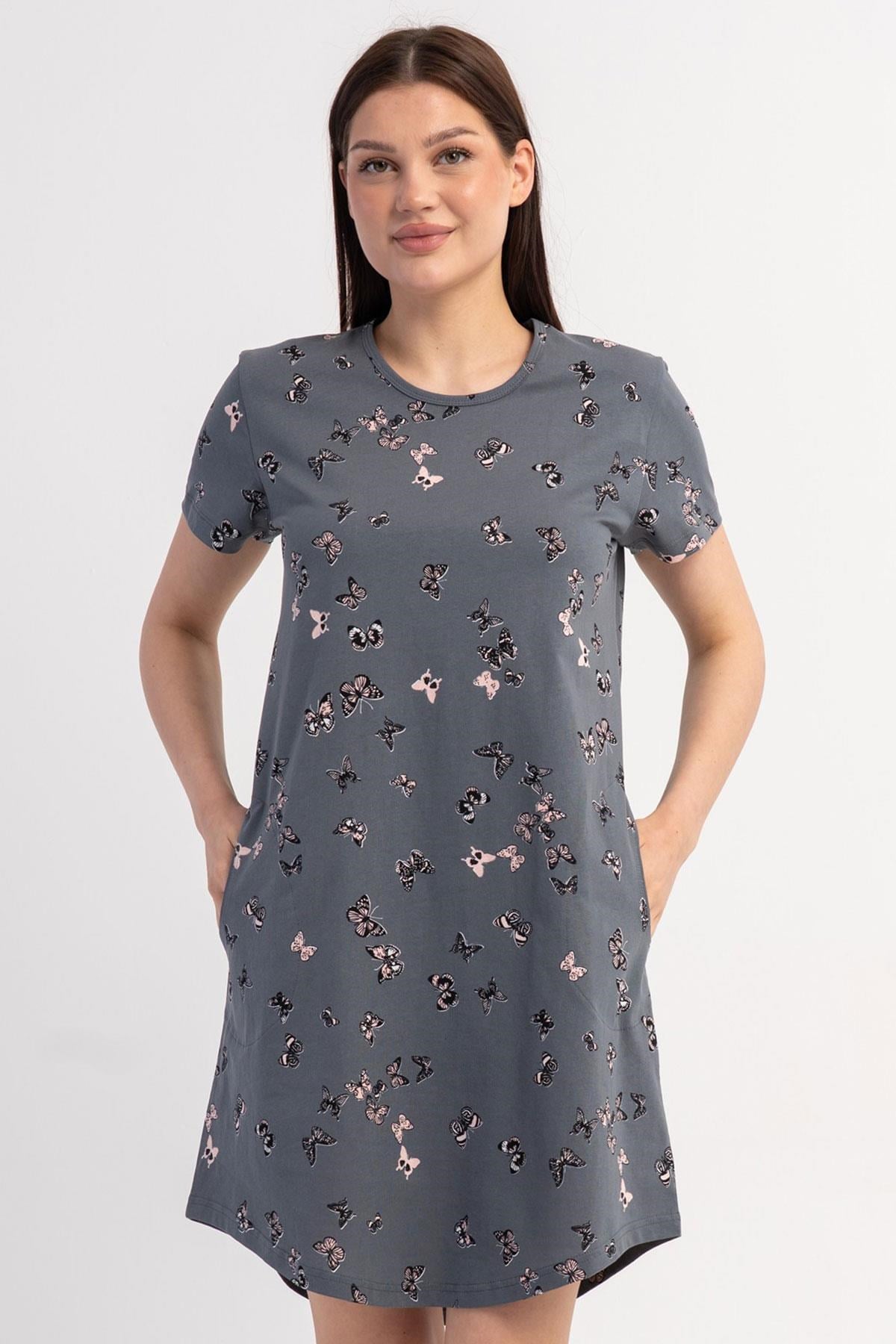 333051Kadın Kısa Kollu Kelebek Desenli Füme Gecelik Tunik C3T9N0206Kısa GecelikVienettaKadın Kısa Kollu Kelebek Desenli Füme Gecelik Tunik C3T9N0206