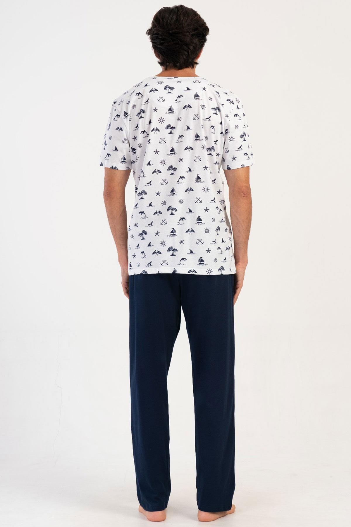 330902Erkek Kısa Kol Beyaz-Lacivert %100 Pamuk Rahat Kalıp Desenli Pijama Takımı C1T7N1804Pijama TakımıVienettaErkek Kısa Kol Beyaz-Lacivert %100 Pamuk Rahat Kalıp Desenli Pijama Takımı C1T7N1804