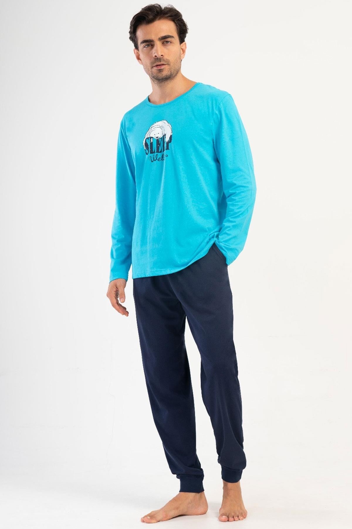 330900Erkek Uzun Kol Turkuaz %100 Pamuk Rahat Kalıp Baskılı Pijama Takımı C8T9N1504Pijama TakımıVienettaErkek Uzun Kol Turkuaz %100 Pamuk Rahat Kalıp Baskılı Pijama Takımı C8T9N1504