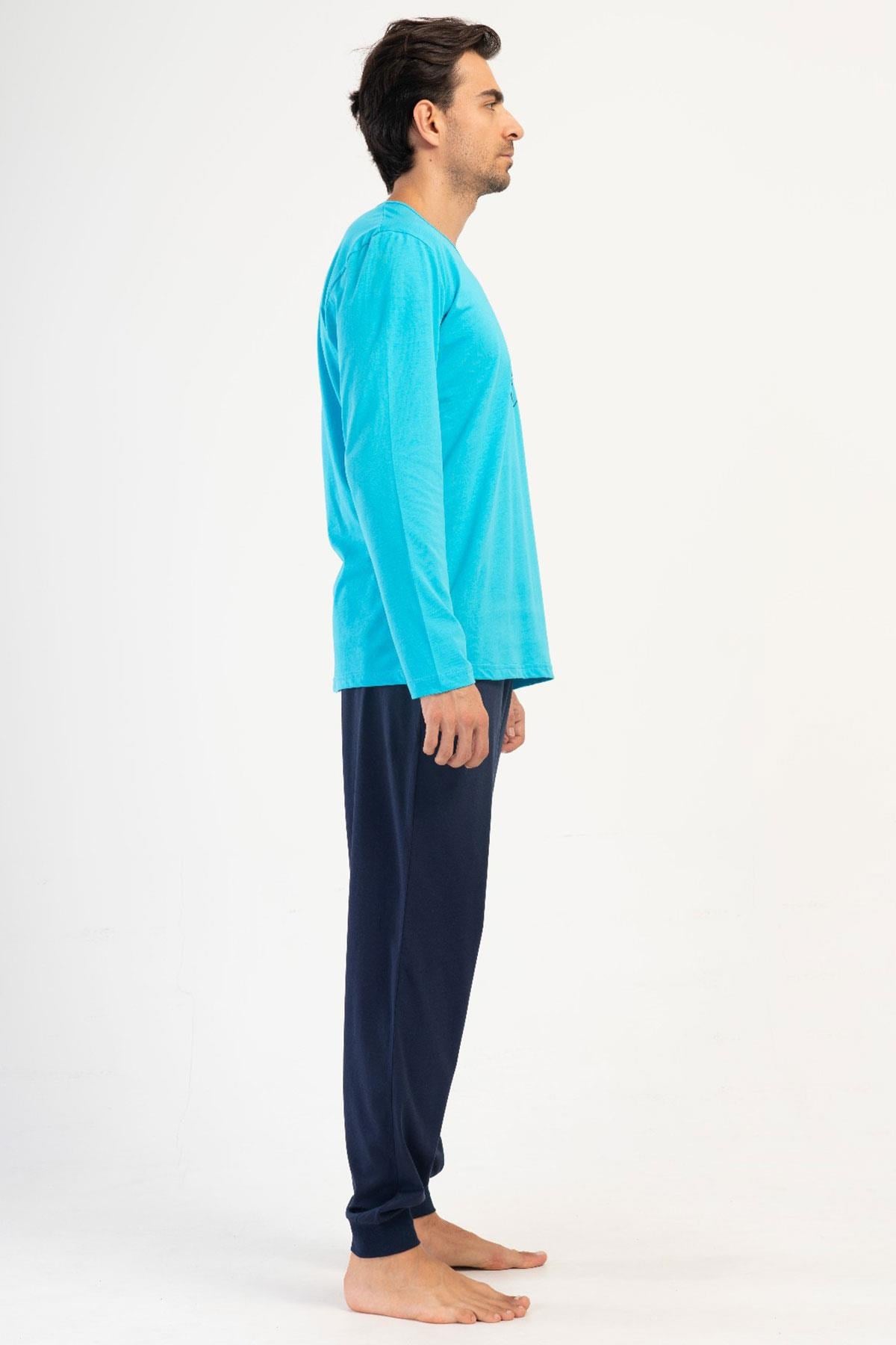 330900Erkek Uzun Kol Turkuaz %100 Pamuk Rahat Kalıp Baskılı Pijama Takımı C8T9N1504Pijama TakımıVienettaErkek Uzun Kol Turkuaz %100 Pamuk Rahat Kalıp Baskılı Pijama Takımı C8T9N1504