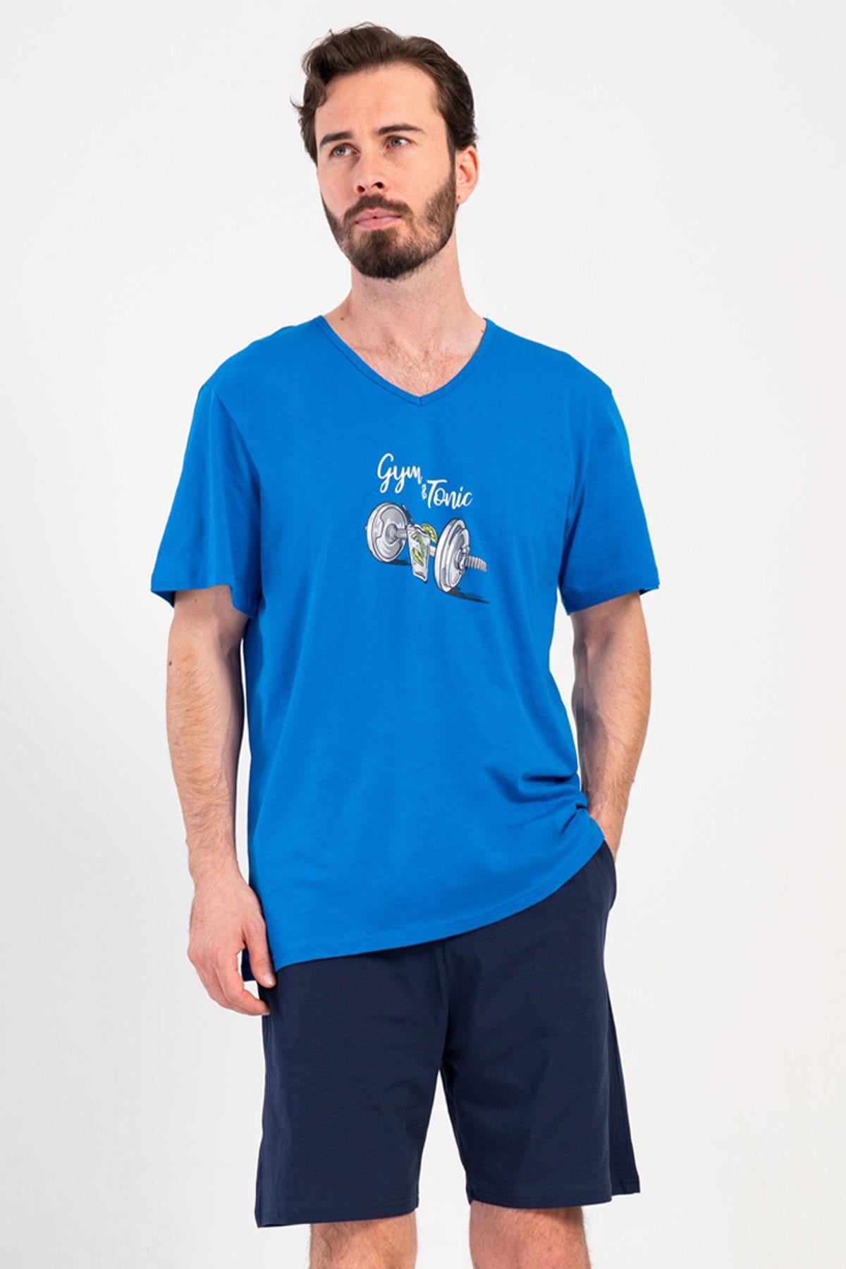 330906Erkek V Yaka Kısa Kol Şortlu Baskılı %100 Pamuk Mavi Pijama Takımı C8T6N1904Pijama TakımıVienettaErkek V Yaka Kısa Kol Şortlu Baskılı %100 Pamuk Mavi Pijama Takımı C8T6N1904