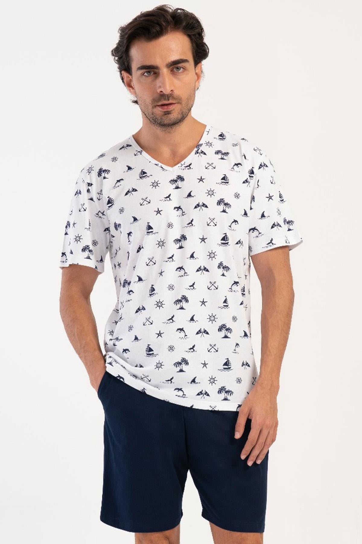 330871Erkek V Yaka Kısa Kol Şortlu Desenli %100 Pamuk Pijama Takımı C9T6N1804Pijama TakımıVienettaErkek V Yaka Kısa Kol Şortlu Desenli %100 Pamuk Pijama Takımı C9T6N1804