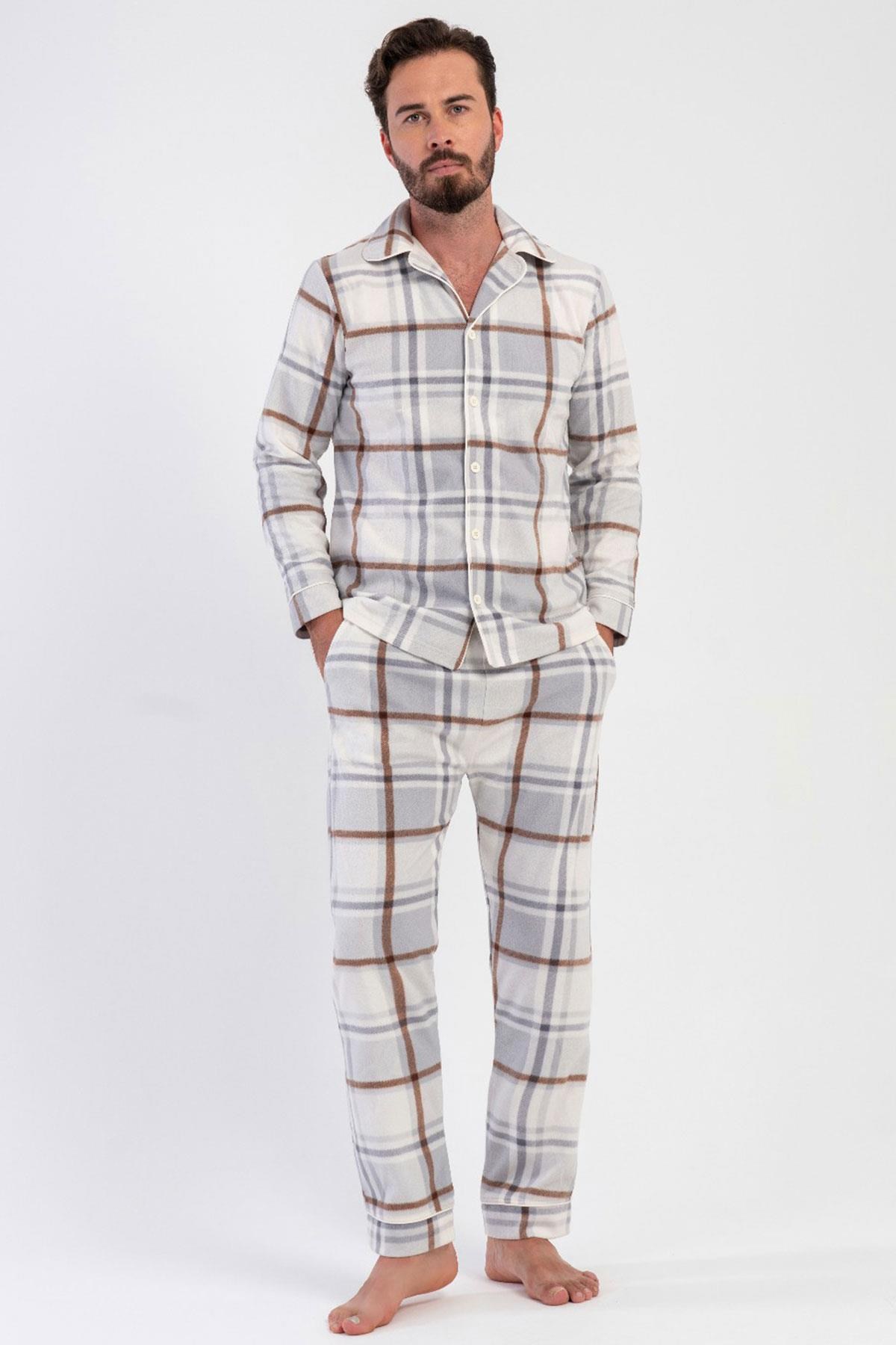 330233Erkek Önden Düğmeli Uzun Kollu Ekose Desenli Gri Renk Polar Pijama Takımı C6T3N8161Uzun Kol PijamaVienettaErkek Önden Düğmeli Uzun Kollu Ekose Desenli Gri Renk Polar Pijama Takımı C6T3N8161