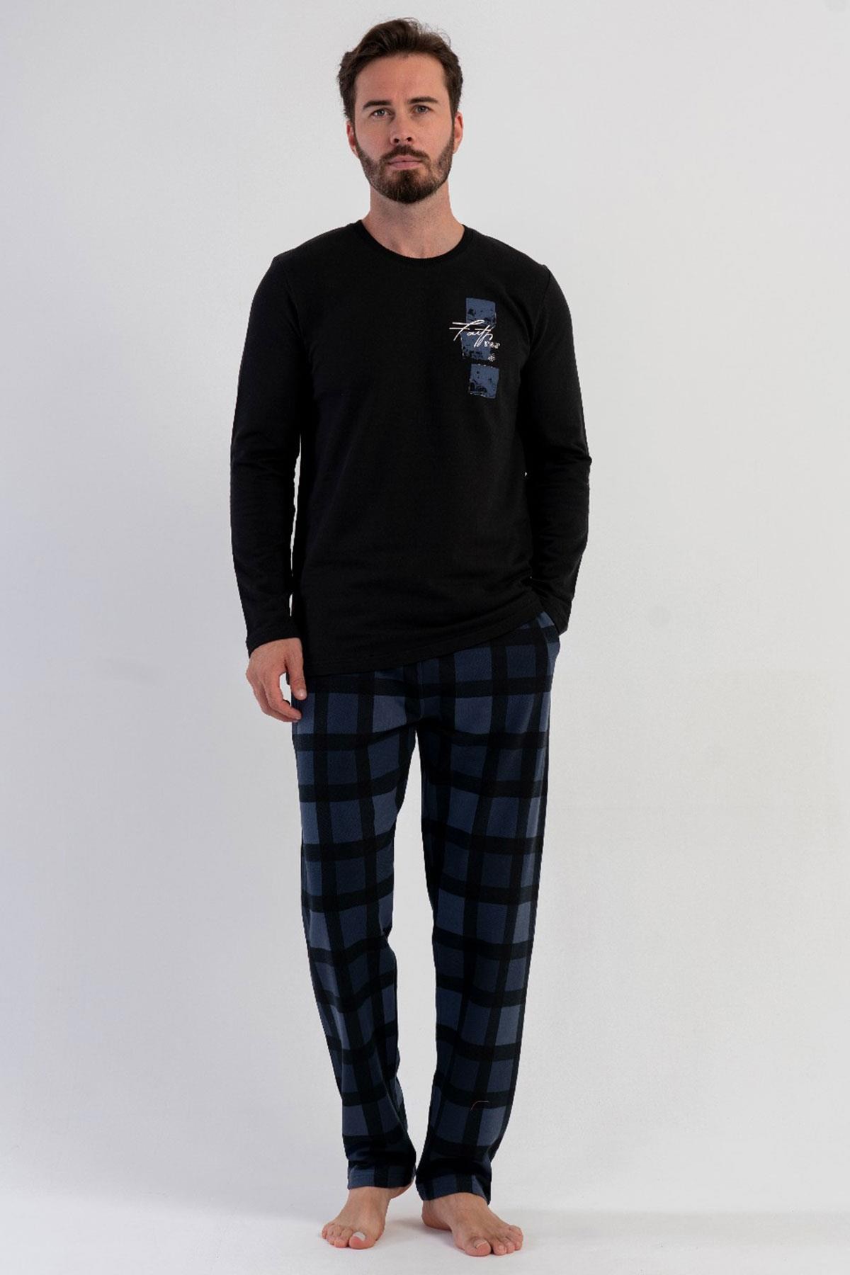 329510Erkek Siyah Uzun Kollu Bisiklet Yaka Kareli Alt 2 İplik Pijama Takımı C1T8N1305Uzun Kol PijamaVienettaErkek Siyah Uzun Kollu Bisiklet Yaka Kareli Alt 2 İplik Pijama Takımı C1T8N1305
