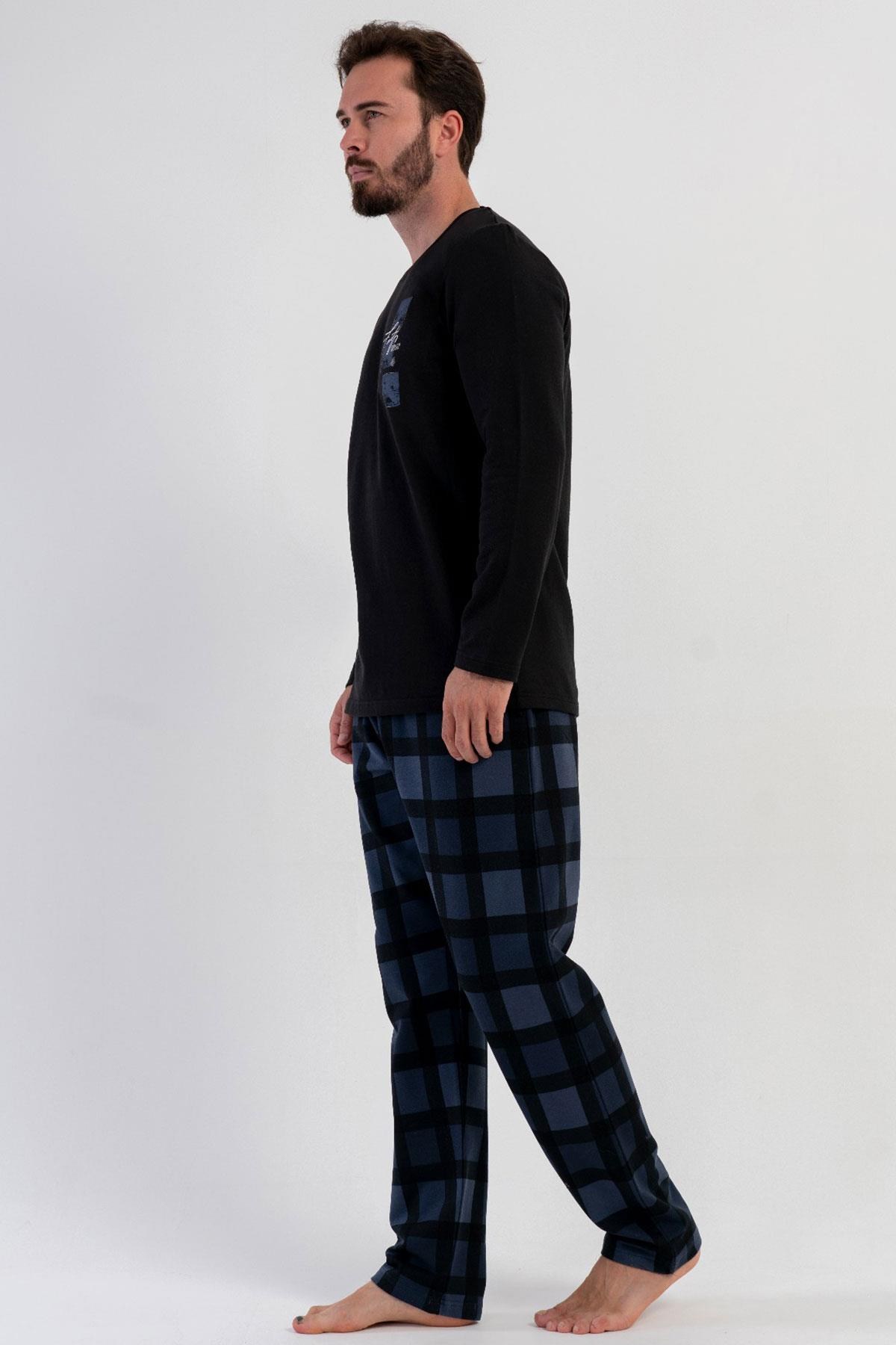 329510Erkek Siyah Uzun Kollu Bisiklet Yaka Kareli Alt 2 İplik Pijama Takımı C1T8N1305Uzun Kol PijamaVienettaErkek Siyah Uzun Kollu Bisiklet Yaka Kareli Alt 2 İplik Pijama Takımı C1T8N1305