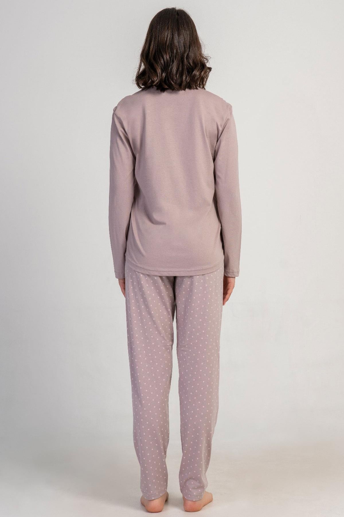 329472Kadın Açık Kahve Renk Uzun Kollu Bisiklet Yaka Baskılı Üst Puantiyeli Alt Pijama Takımı C9T0N0305Uzun Kol PijamaVienettaKadın Açık Kahve Renk Uzun Kollu Bisiklet Yaka Baskılı Üst Puantiyeli Alt Pijama Takımı C9T0N0305