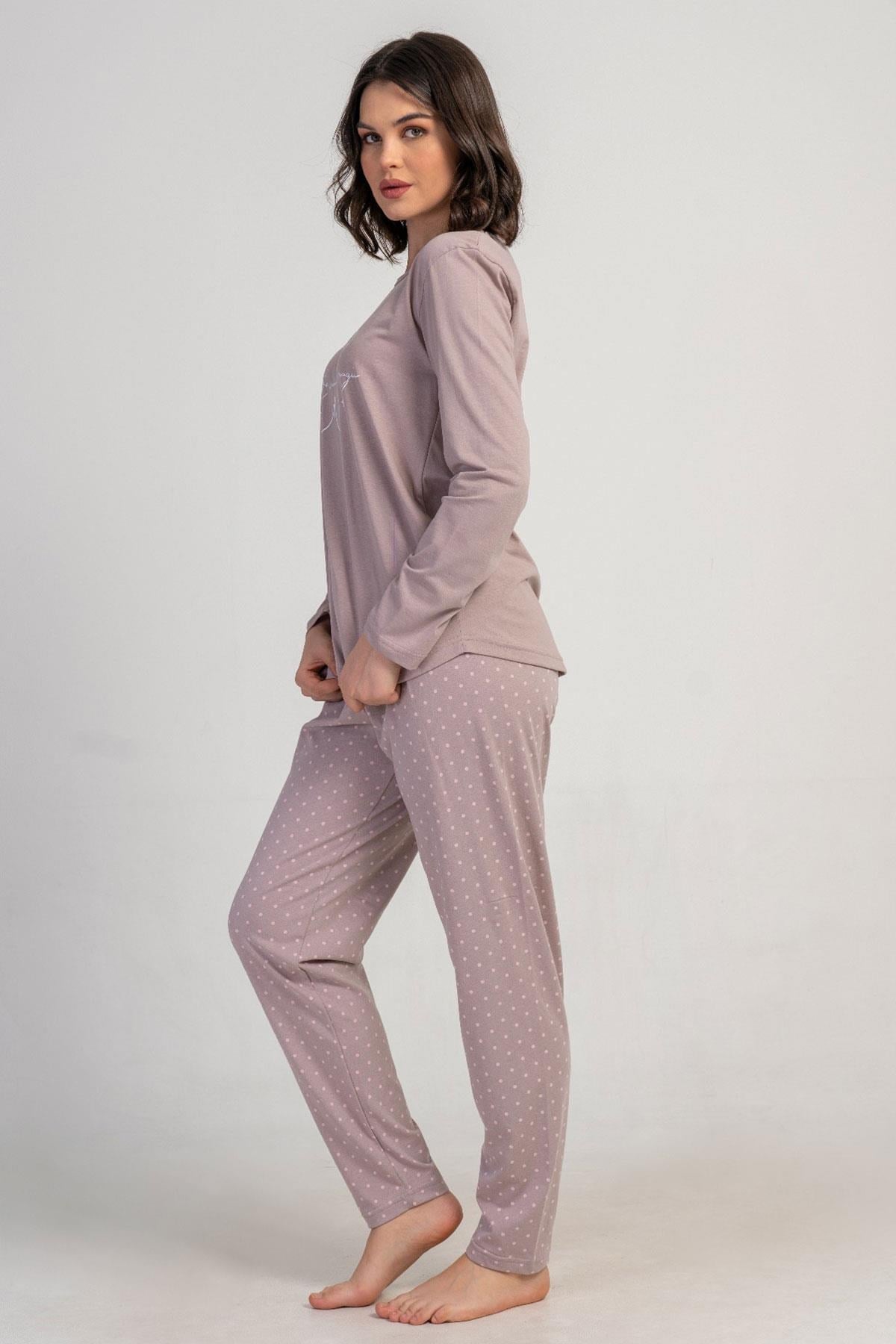 329472Kadın Açık Kahve Renk Uzun Kollu Bisiklet Yaka Baskılı Üst Puantiyeli Alt Pijama Takımı C9T0N0305Uzun Kol PijamaVienettaKadın Açık Kahve Renk Uzun Kollu Bisiklet Yaka Baskılı Üst Puantiyeli Alt Pijama Takımı C9T0N0305
