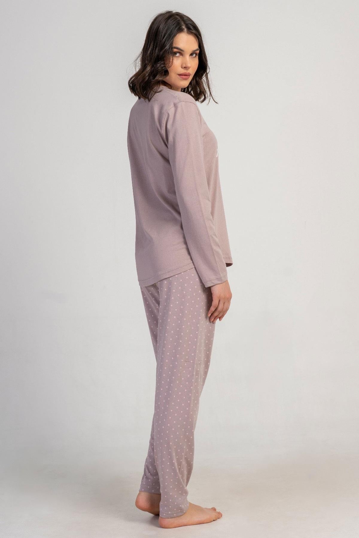 329472Kadın Açık Kahve Renk Uzun Kollu Bisiklet Yaka Baskılı Üst Puantiyeli Alt Pijama Takımı C9T0N0305Uzun Kol PijamaVienettaKadın Açık Kahve Renk Uzun Kollu Bisiklet Yaka Baskılı Üst Puantiyeli Alt Pijama Takımı C9T0N0305