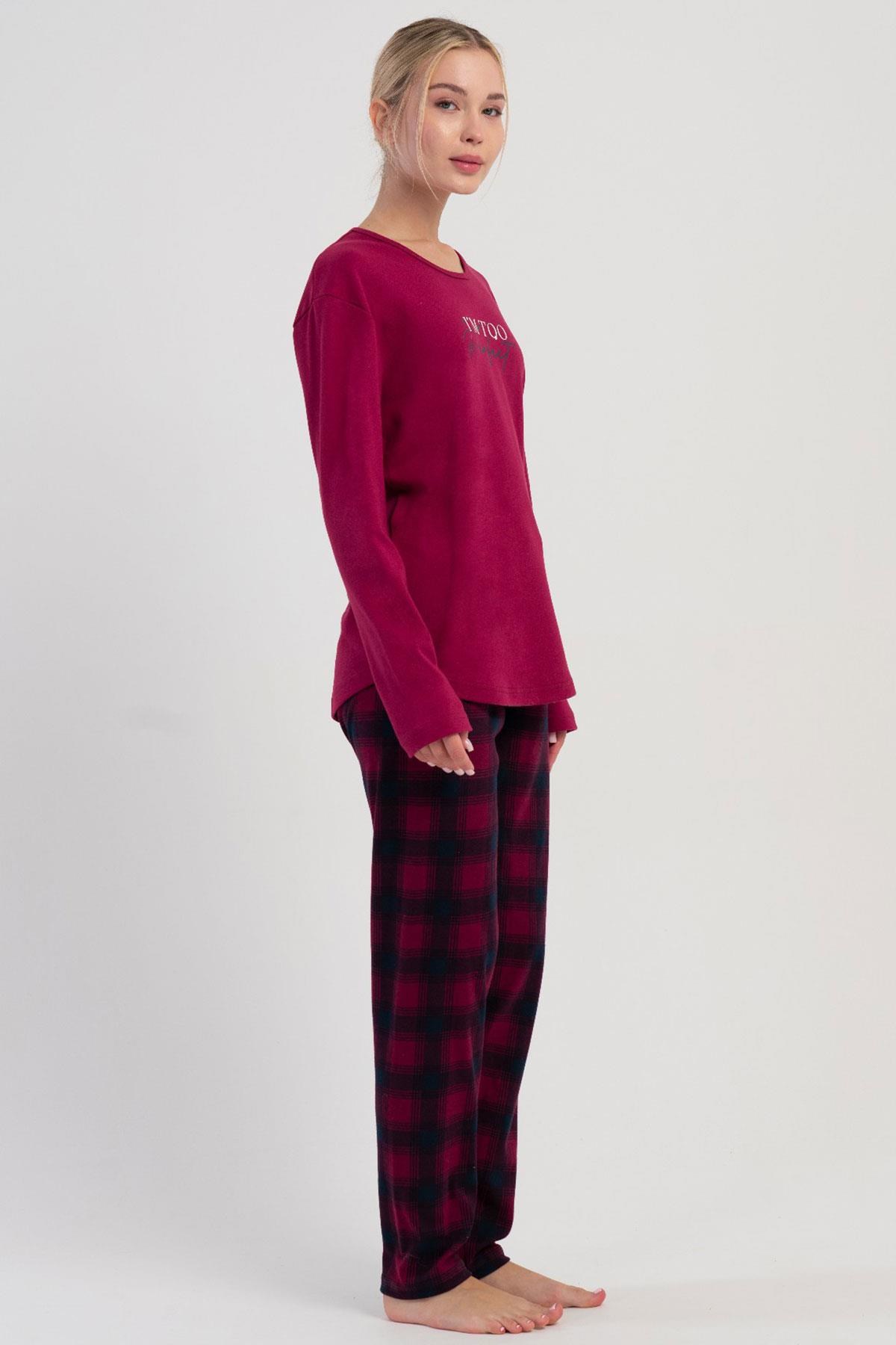 329495Kadın Bordo Uzun Kollu Üst Baskılı Alt Ekose Desenli Pamuklu Pijama Takımı C6T3N1305Uzun Kol PijamaVienettaKadın Bordo Uzun Kollu Üst Baskılı Alt Ekose Desenli Pamuklu Pijama Takımı C6T3N1305