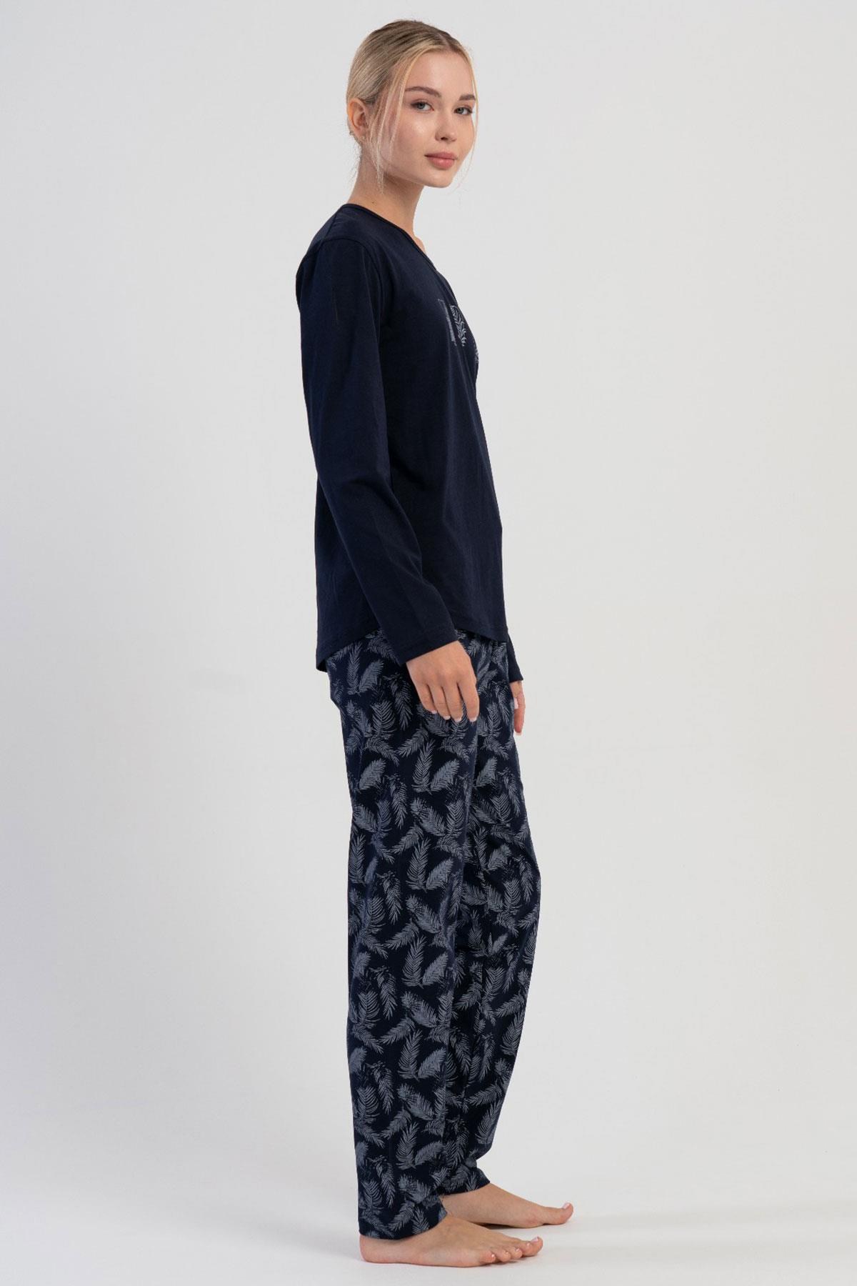 329506Kadın Lacivert Uzun Kollu Desenli Pijama Takımı C9T6N1305Uzun Kol PijamaVienettaKadın Lacivert Uzun Kollu Desenli Pijama Takımı C9T6N1305