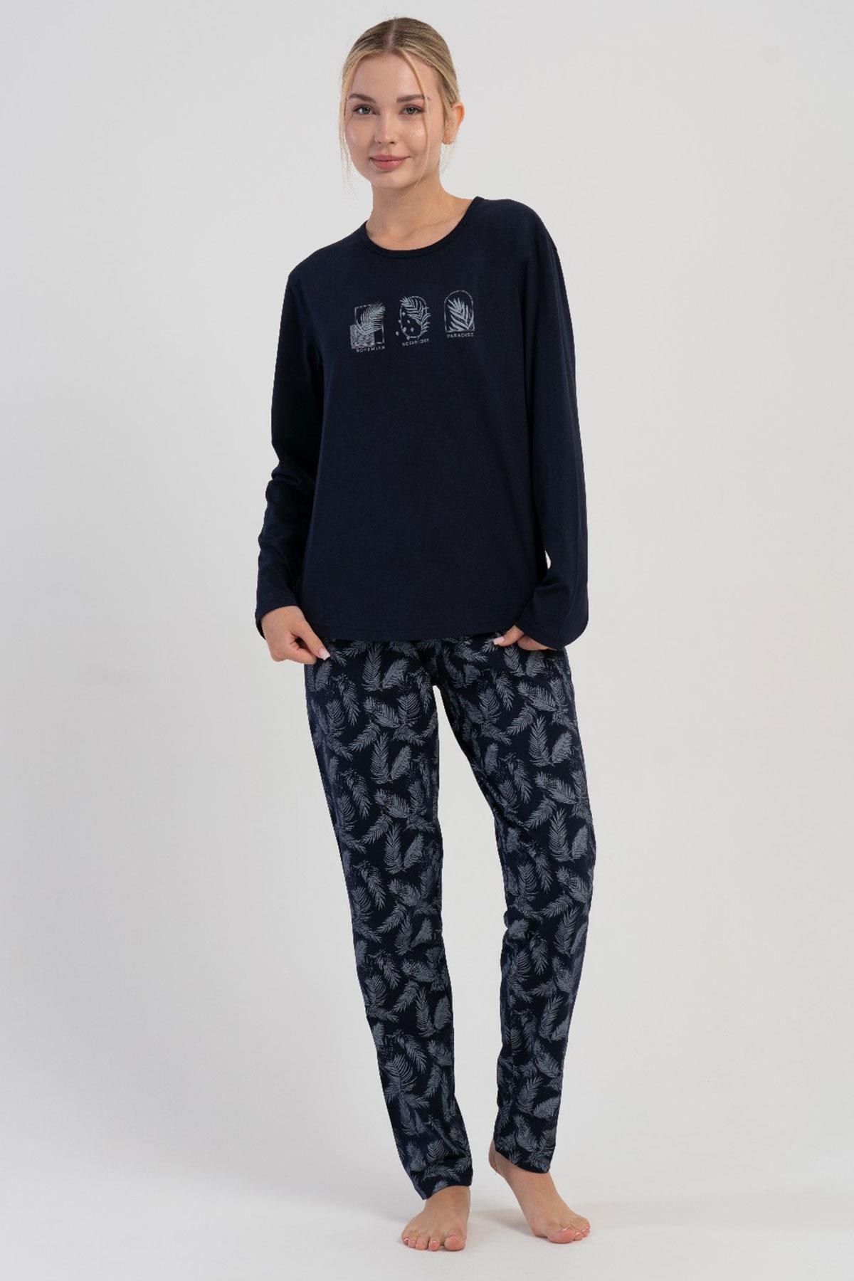 329506Kadın Lacivert Uzun Kollu Desenli Pijama Takımı C9T6N1305Uzun Kol PijamaVienettaKadın Lacivert Uzun Kollu Desenli Pijama Takımı C9T6N1305