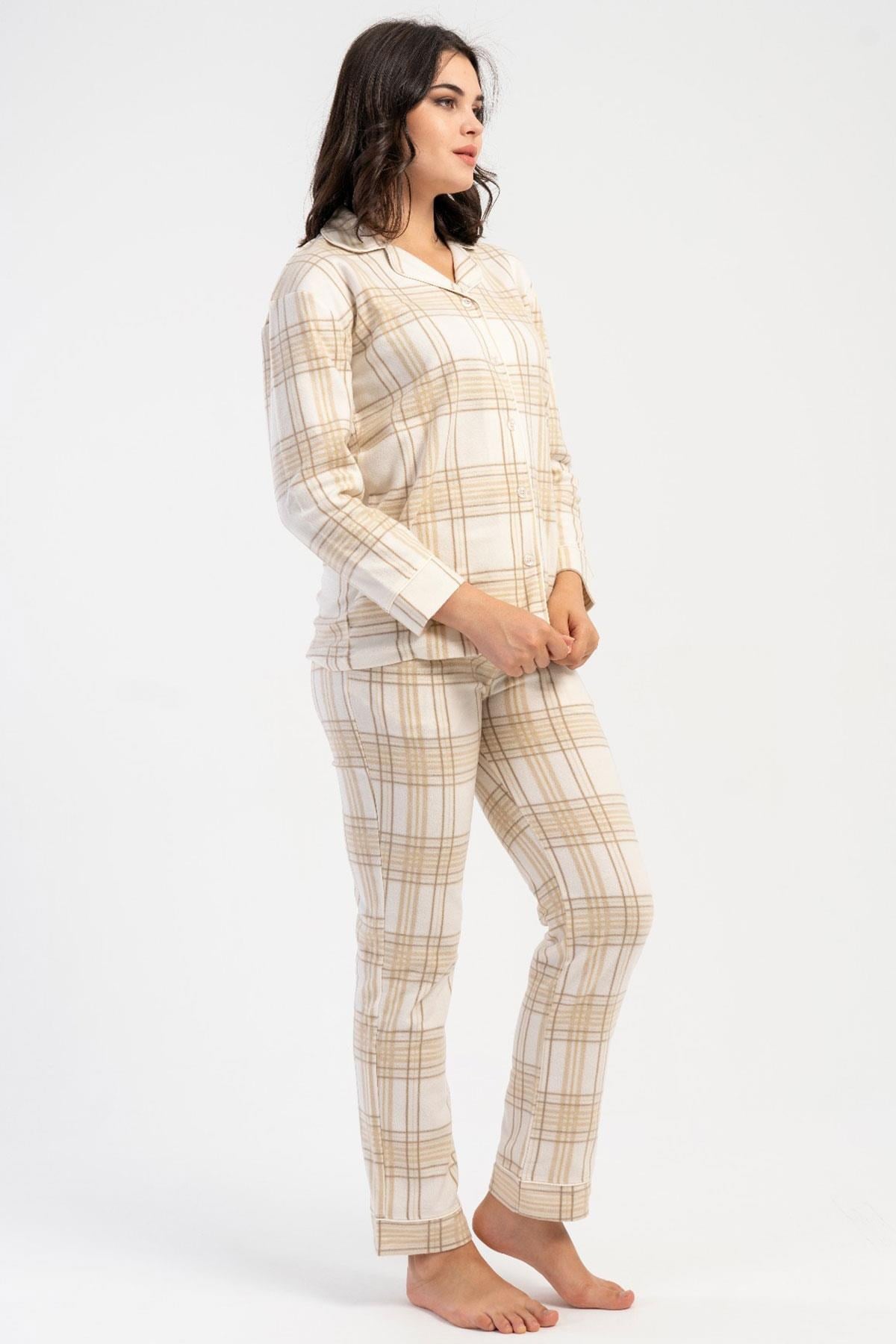330240Kadın Polar Pijama Takımı Uzun Kollu Önden Düğmeli Ekose Desenli Ekru Renk C7T4N8161Uzun Kol PijamaVienettaKadın Polar Pijama Takımı Uzun Kollu Önden Düğmeli Ekose Desenli Ekru Renk C7T4N8161