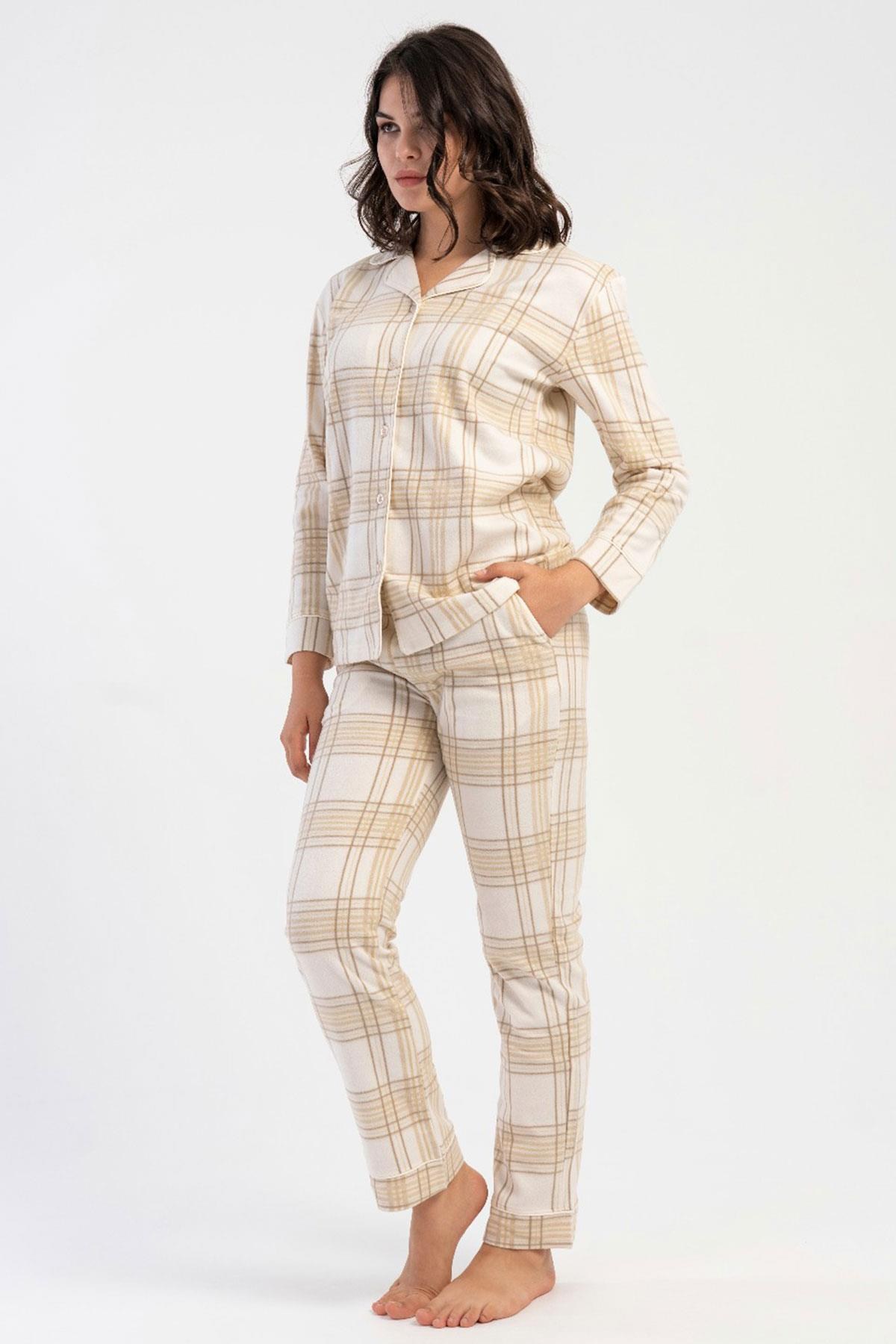 330240Kadın Polar Pijama Takımı Uzun Kollu Önden Düğmeli Ekose Desenli Ekru Renk C7T4N8161Uzun Kol PijamaVienettaKadın Polar Pijama Takımı Uzun Kollu Önden Düğmeli Ekose Desenli Ekru Renk C7T4N8161