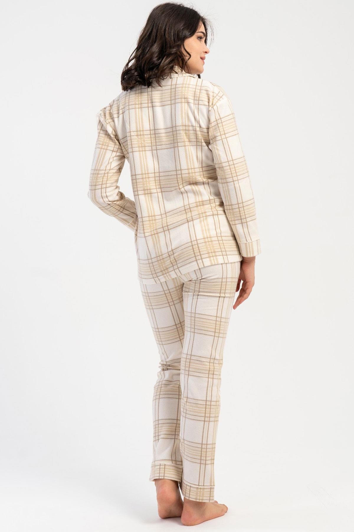 330240Kadın Polar Pijama Takımı Uzun Kollu Önden Düğmeli Ekose Desenli Ekru Renk C7T4N8161Uzun Kol PijamaVienettaKadın Polar Pijama Takımı Uzun Kollu Önden Düğmeli Ekose Desenli Ekru Renk C7T4N8161