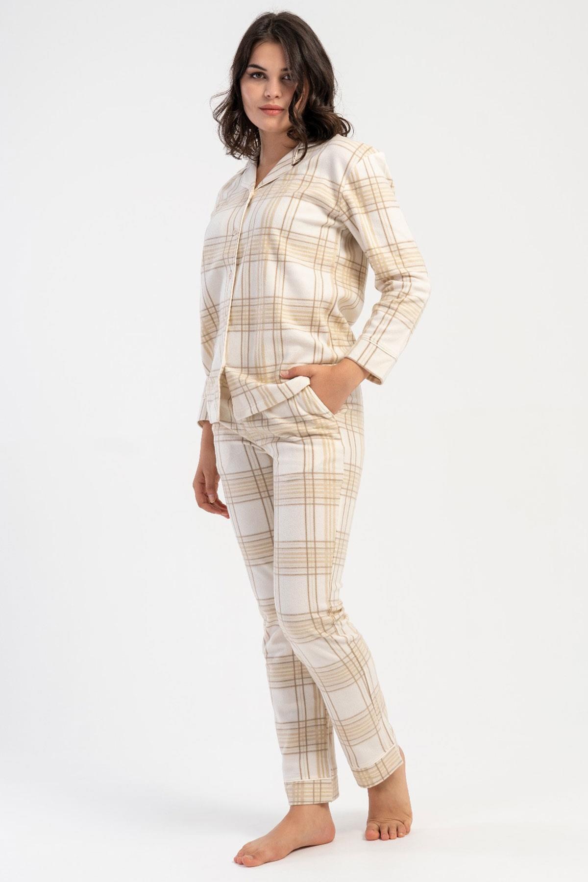 330240Kadın Polar Pijama Takımı Uzun Kollu Önden Düğmeli Ekose Desenli Ekru Renk C7T4N8161Uzun Kol PijamaVienettaKadın Polar Pijama Takımı Uzun Kollu Önden Düğmeli Ekose Desenli Ekru Renk C7T4N8161