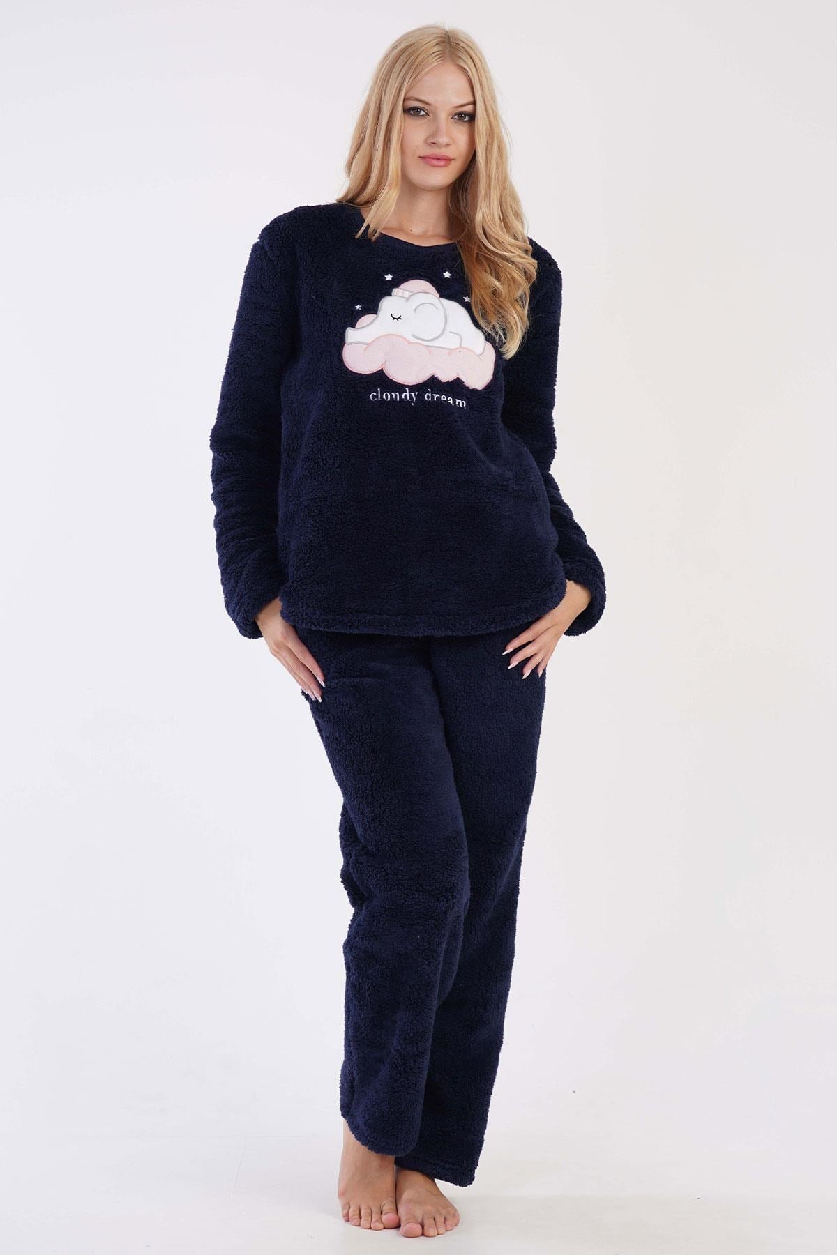 330256Kadın Yumuşak Dokulu Welsoft Kumaş Uzun Kollu Lacivert Pijama Takımı C4T4N0603Uzun Kol PijamaVienettaKadın Yumuşak Dokulu Welsoft Kumaş Uzun Kollu Lacivert Pijama Takımı C4T4N0603