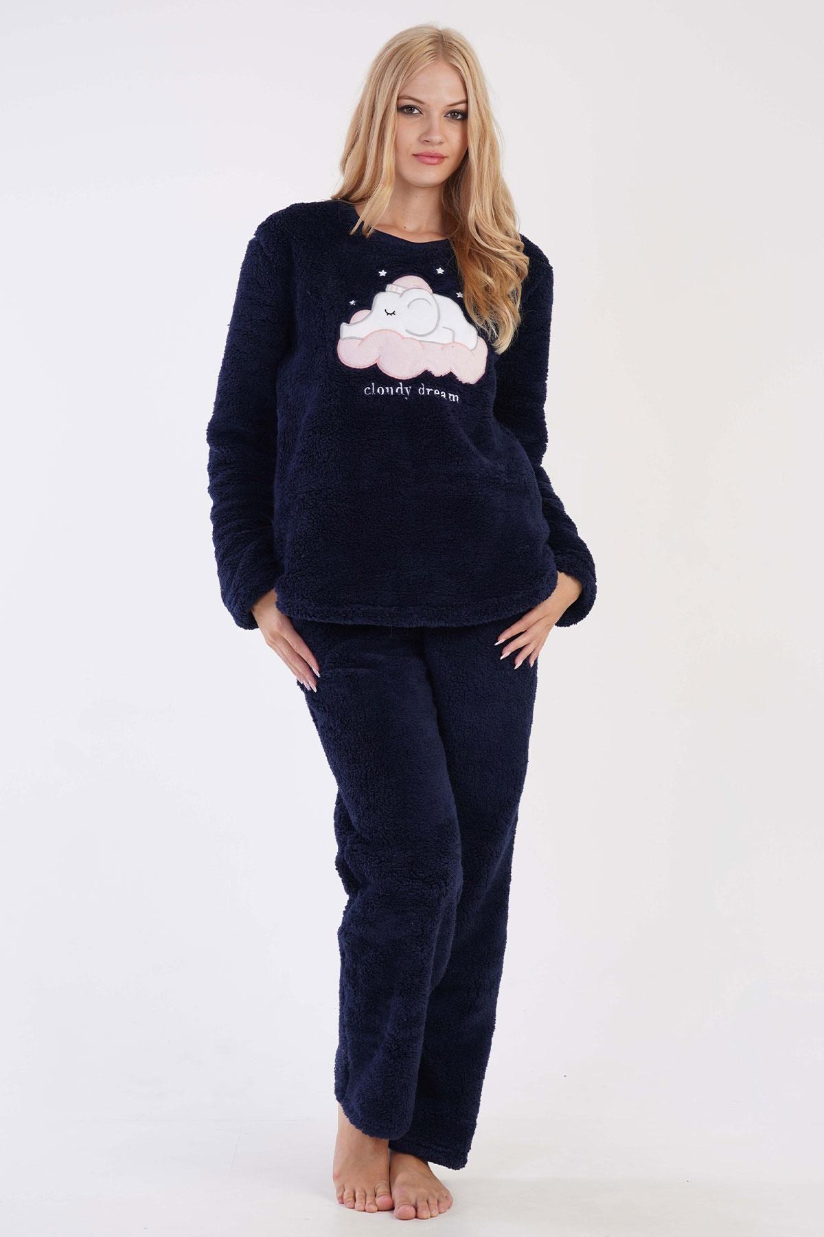 330256Kadın Yumuşak Dokulu Welsoft Kumaş Uzun Kollu Lacivert Pijama Takımı C4T4N0603Uzun Kol PijamaVienettaKadın Yumuşak Dokulu Welsoft Kumaş Uzun Kollu Lacivert Pijama Takımı C4T4N0603