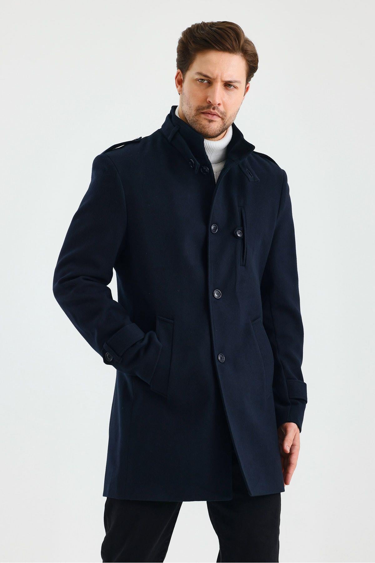 Erkek Slim Fit Lacivert Kaşe Kaban