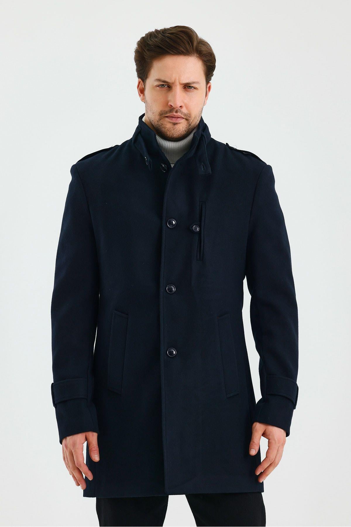 Erkek Slim Fit Lacivert Kaşe Kaban