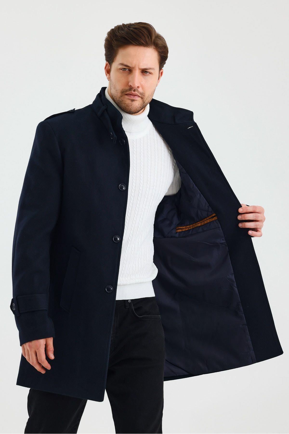 Erkek Slim Fit Lacivert Kaşe Kaban