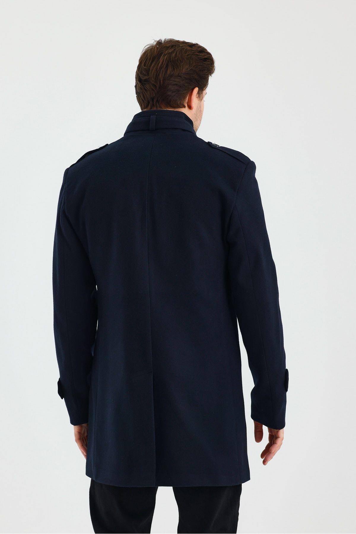 Erkek Slim Fit Lacivert Kaşe Kaban