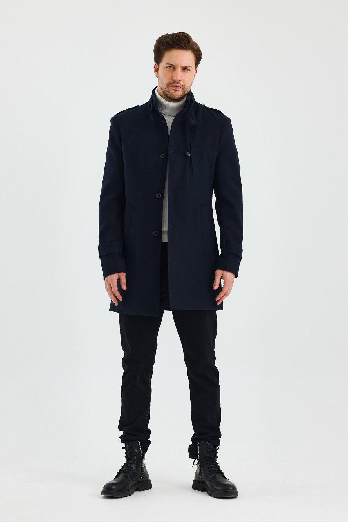 Erkek Slim Fit Lacivert Kaşe Kaban