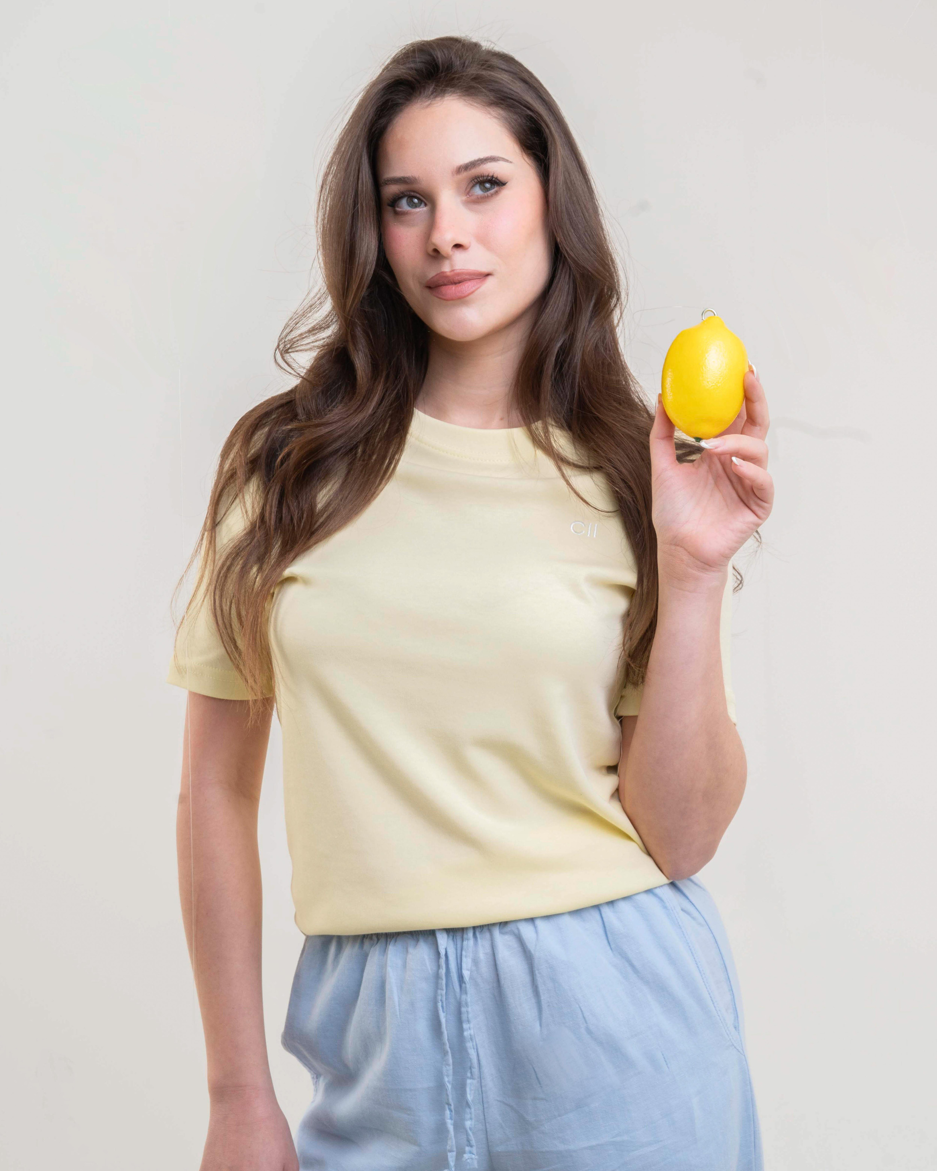 CII Nakışlı Basic Tshirt- Butter Yellow Ekru Nakış