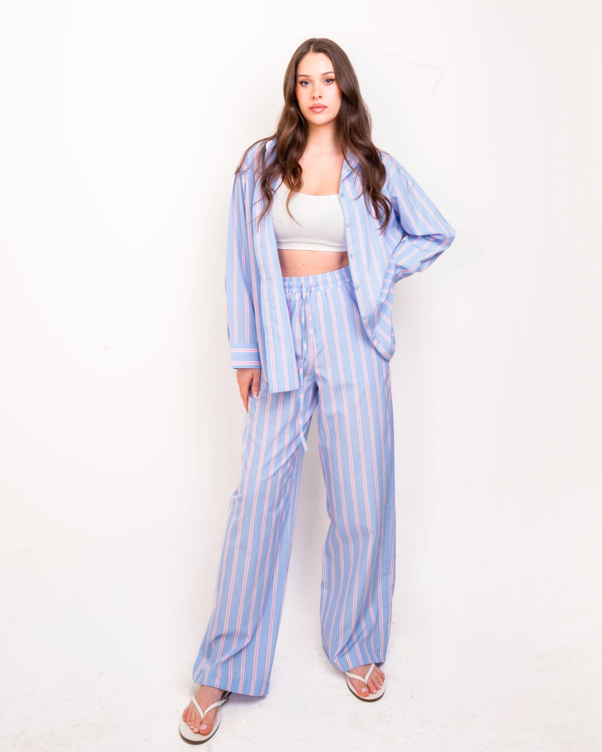 Capri Poplin Çizgili Pantolon-Mavi Pembe