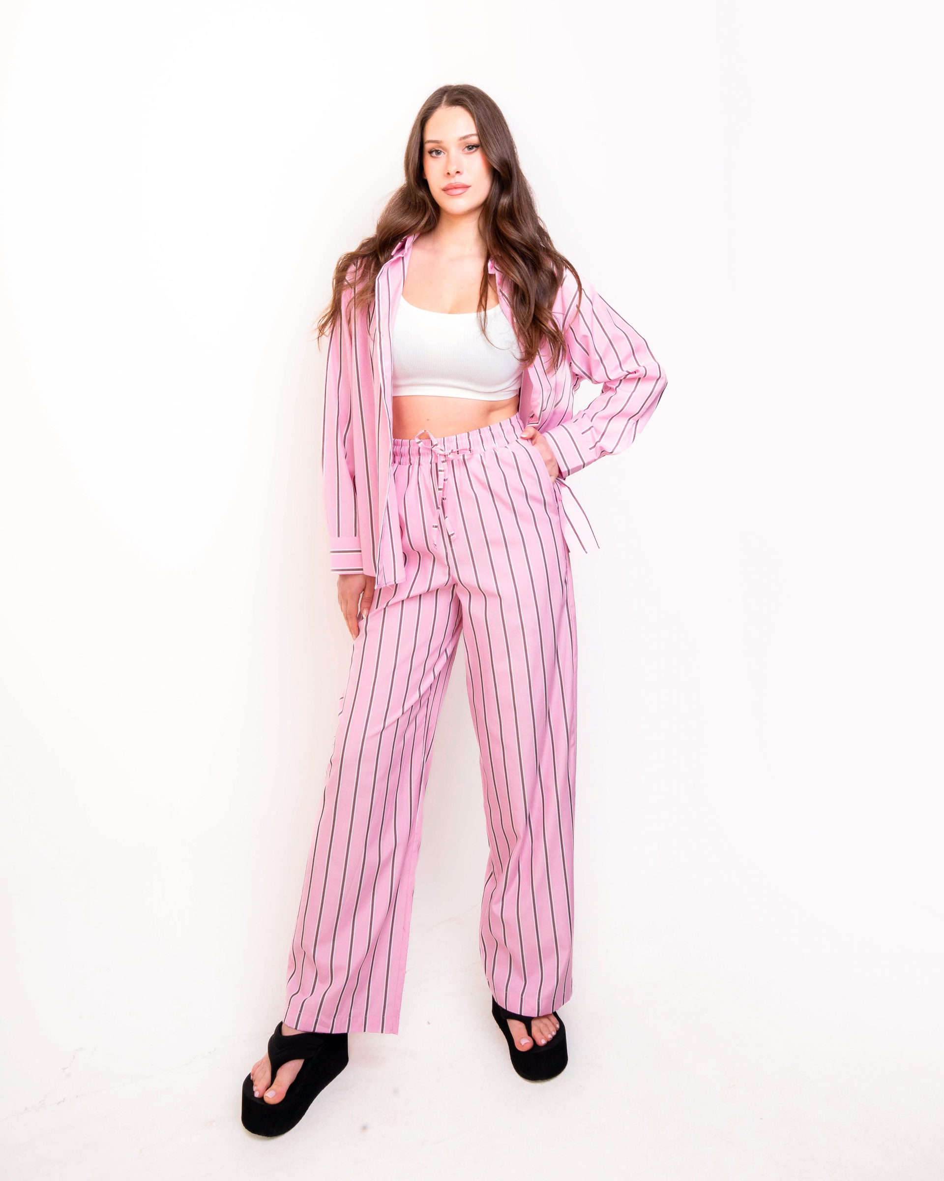 Capri Poplin Çizgili Pantolon-Pembe Kahve
