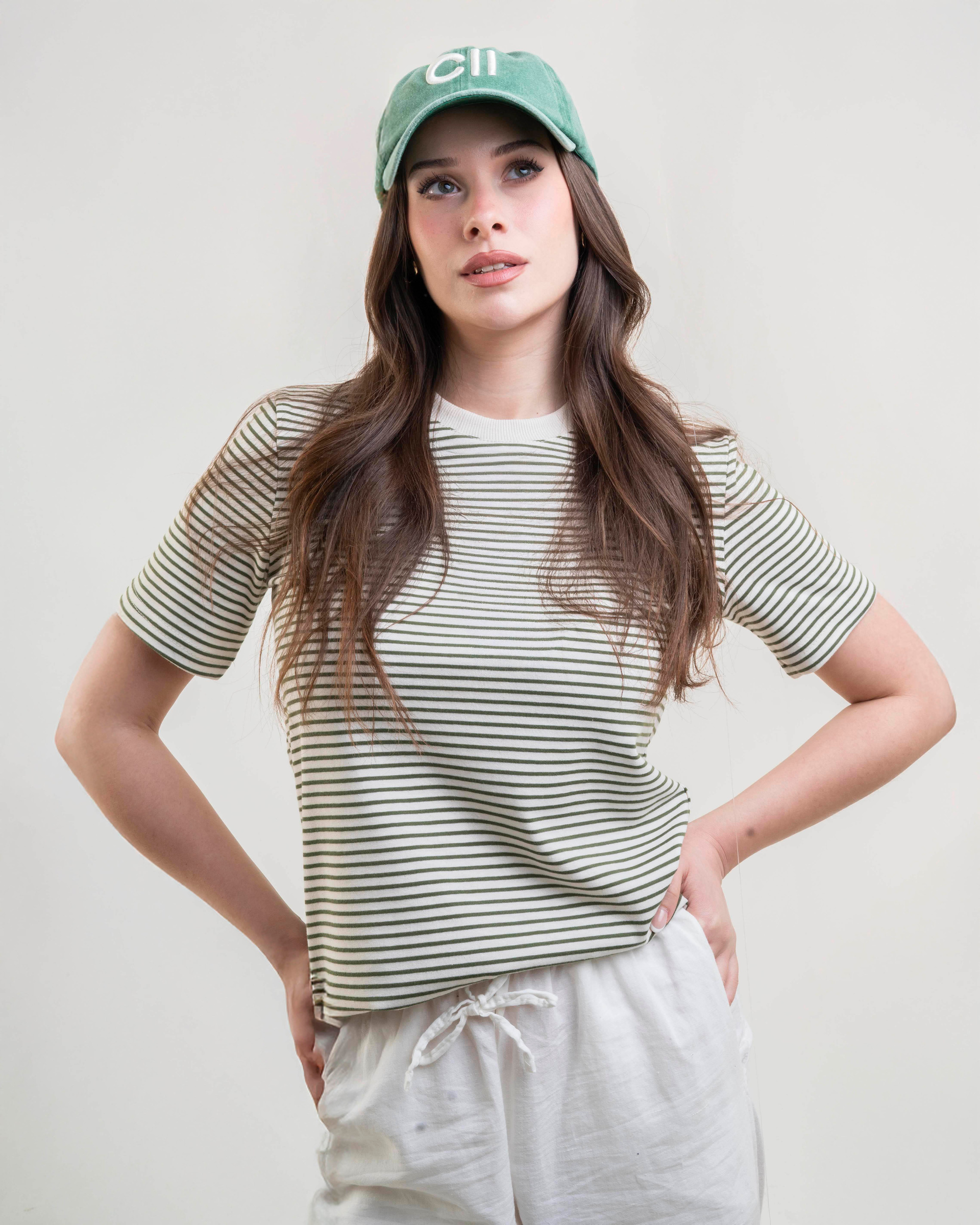 CII Çizgili Basic Tshirt- Beyaza Yeşil Çizgili