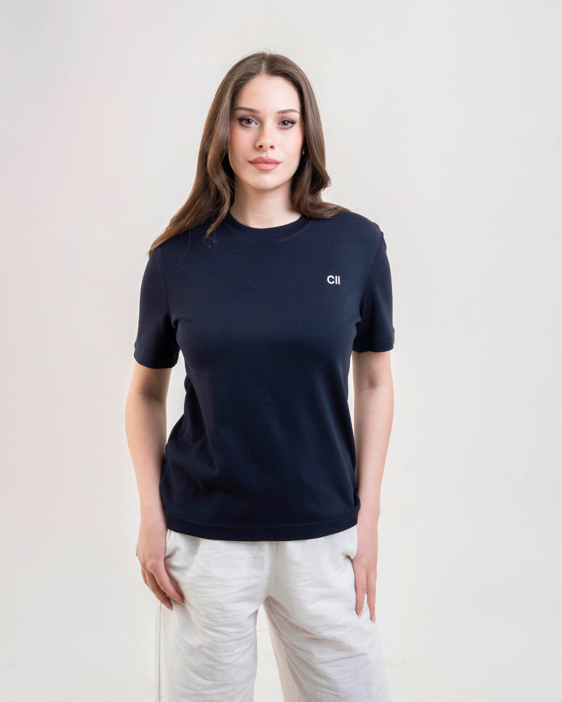 CII Nakışlı Basic Tshirt- Lacivert Ekru Nakış