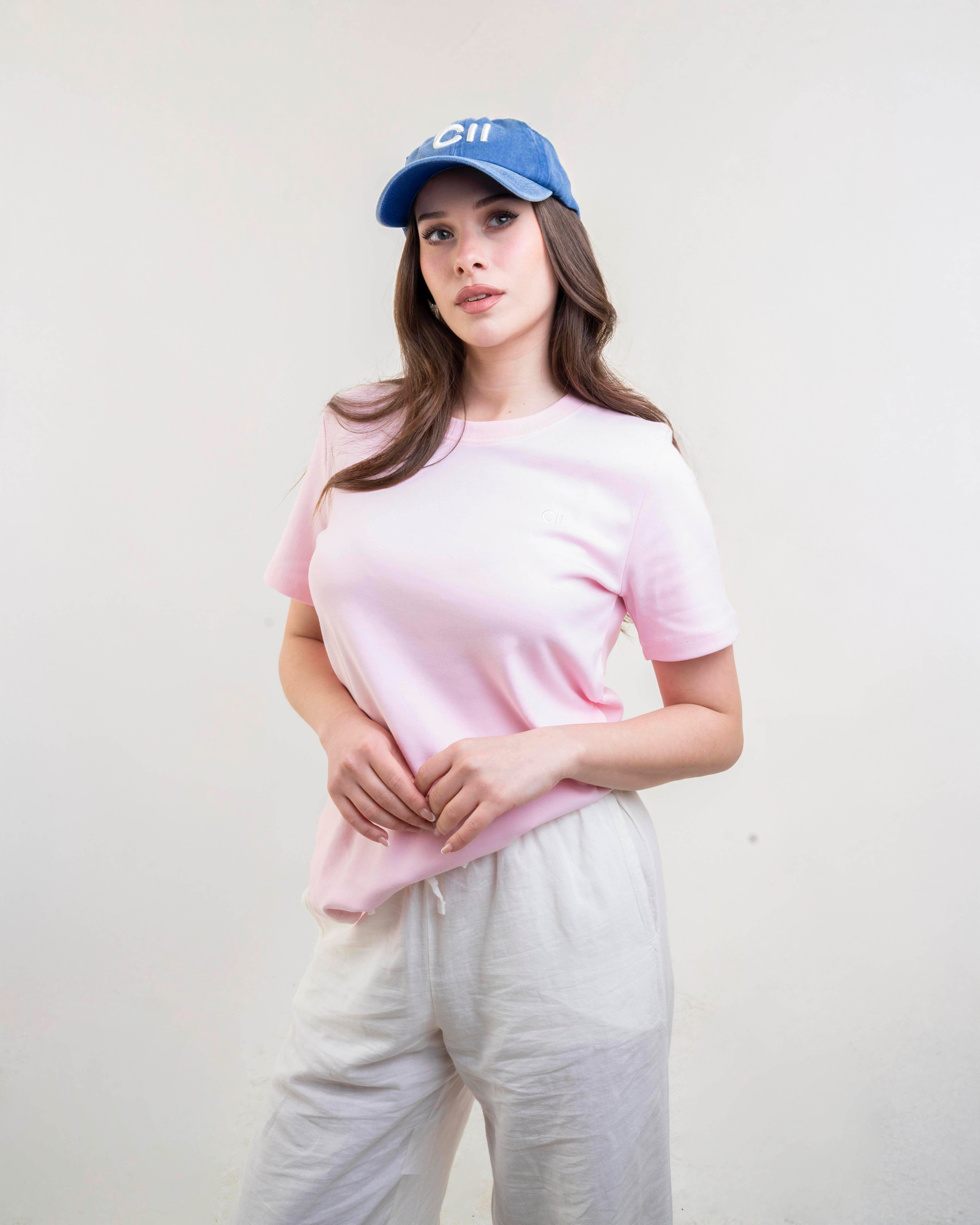 CII Nakışlı Basic Tshirt- Pembe Ekru Nakış