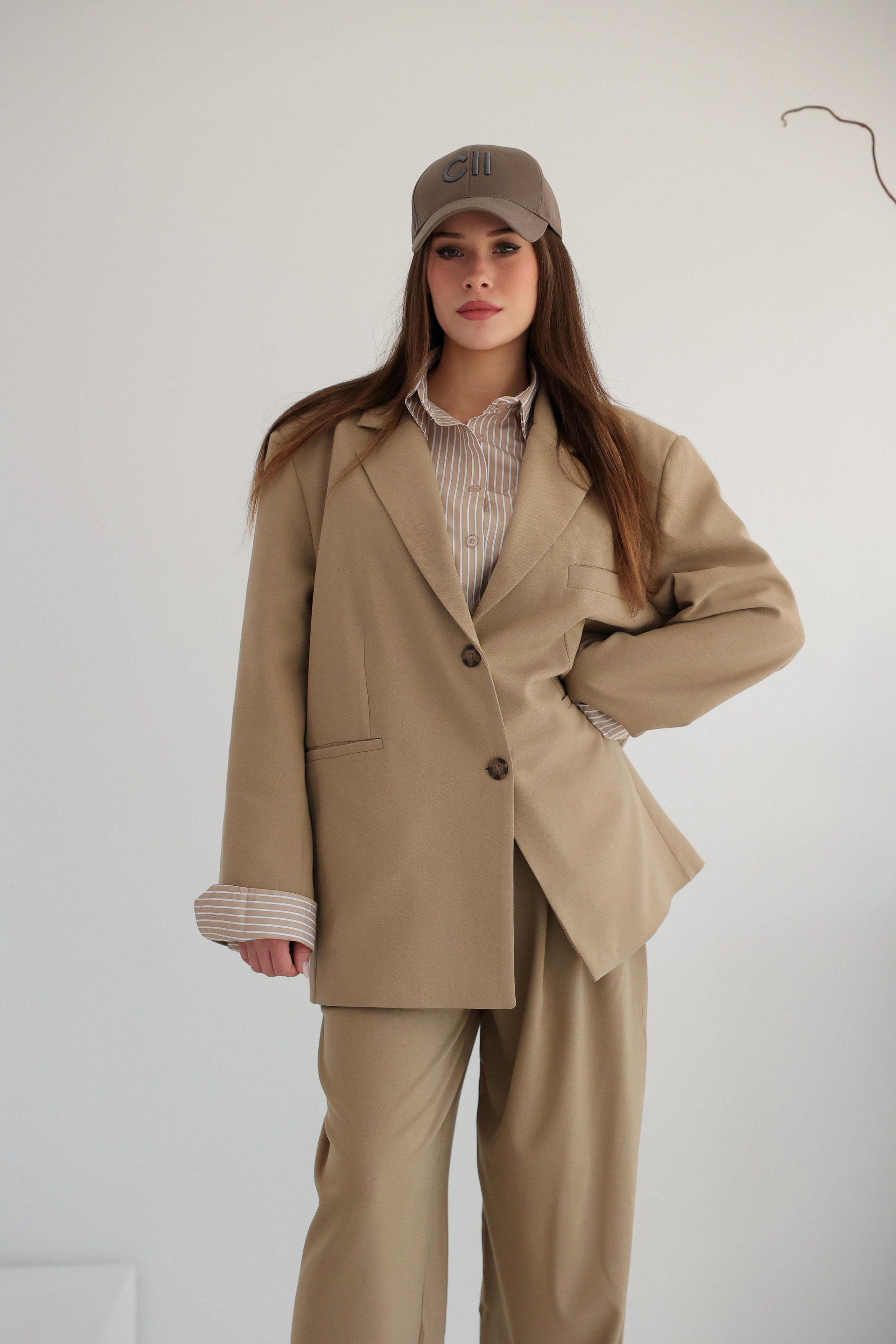 Maçka Oversize Çizgili Gömlek-Bej